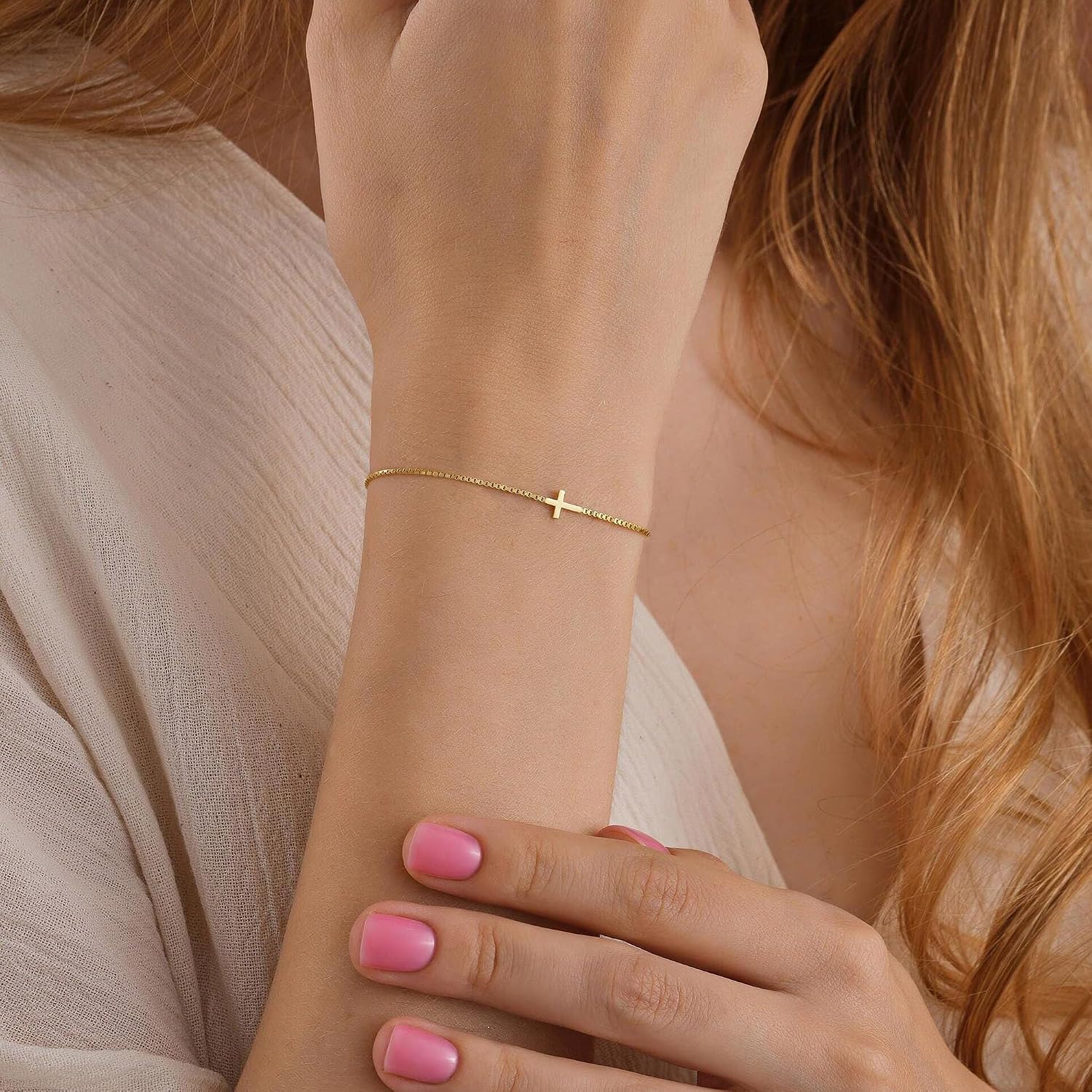 Gold Bracelets for Women,Dainty Gold Cross Bracelet 14K Gold Plated Beaded Bracelets for Women Trendy Bracelet Stack Pearl Bracelet Set Waterproof Chain Bracelet Gold Jewelry for Women Baptism Gifts