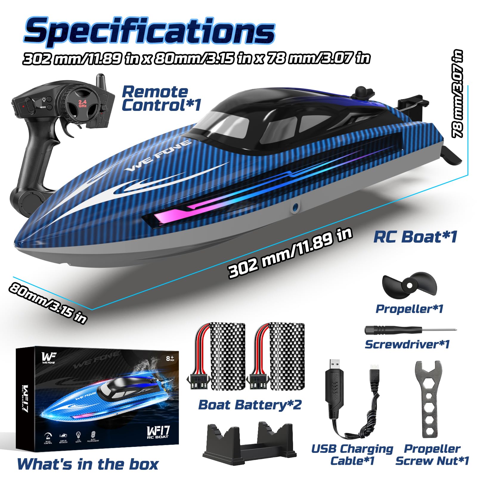 RC Boats for Adults, Remote Control Boat for Pools and Lakes, WF17 25+ KMH Fast RC Speed Boat with 7 LED Light Modes for Kids 8-12, Summer Toys for Boys Girls, 2 Batteries for 30-40 Mins, Blue