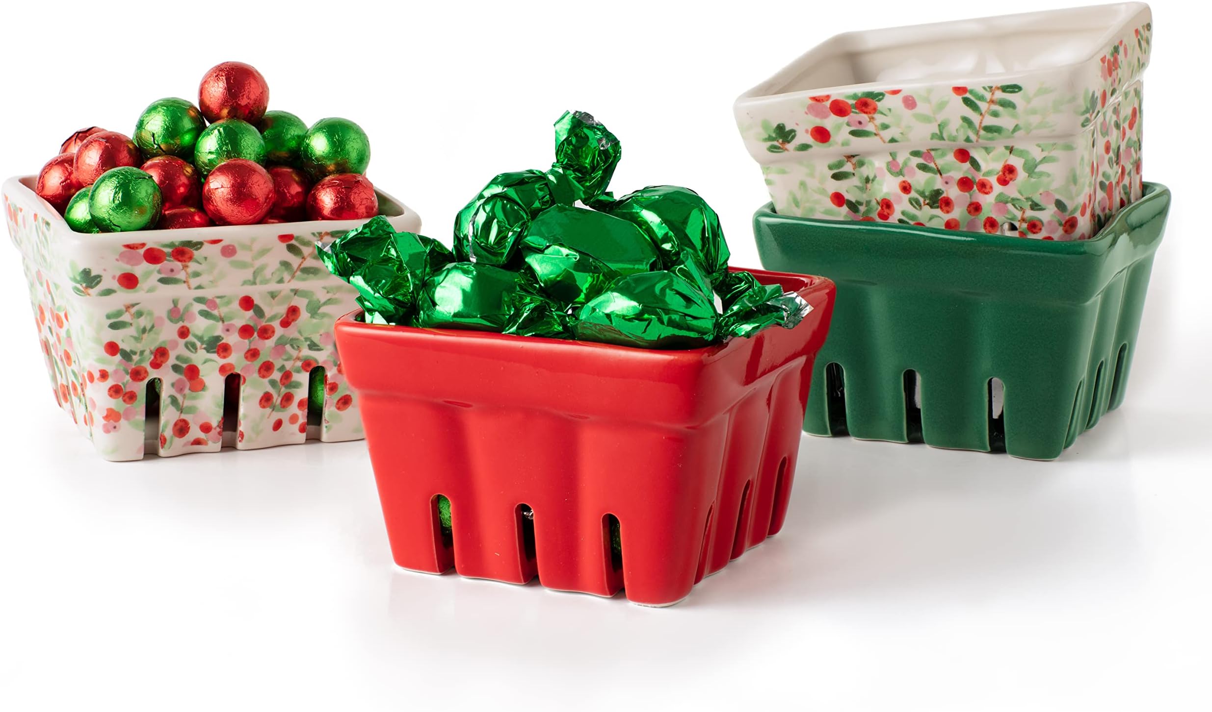 Christmas Ceramic Fruit Baskets, Farmhouse Berry Bowl, Colander, Kitchen Holiday Decor, Red Green and Winter Cranberry Pattern Set of 4 Baskets Empty. Reusable Fruit Gift Basket
