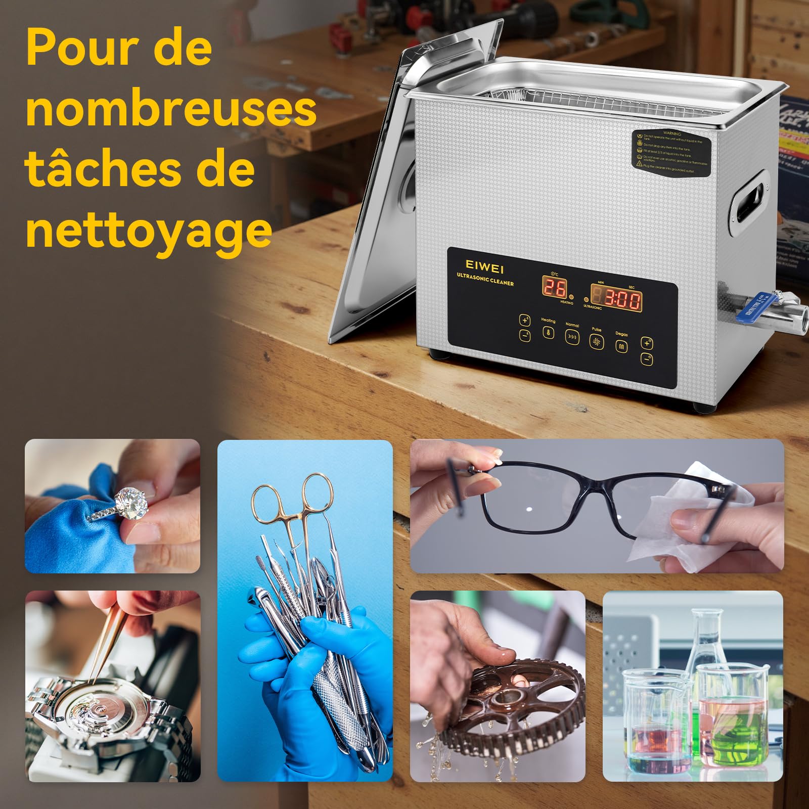 Limpiador ultrasónico 6L, Limpieza ultrasónica 180 W 40 kHz con calefacción, temporizador y desgasificación, ideal para carburadores, piezas, joyas, gafas, circuitos impresos