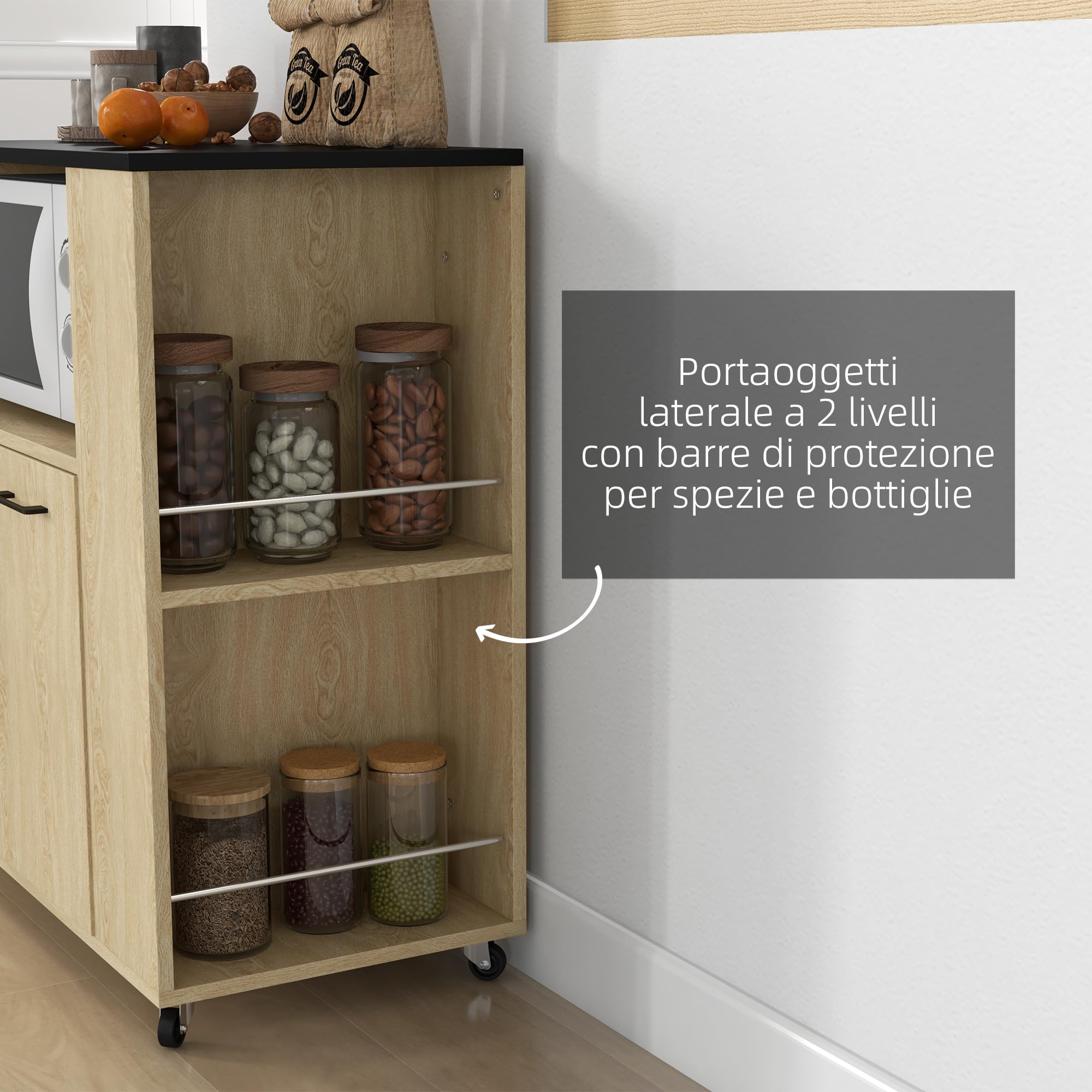 HOMCOM Carrello Cucina con Ripiano Aperto, Armadietto a 2 Ante e Scaffale Laterale a 2 Livelli, Carrello Multiuso con Ripiano Regolabile in Legno, 75x40x80.5 cm, Color Rovere e Nero