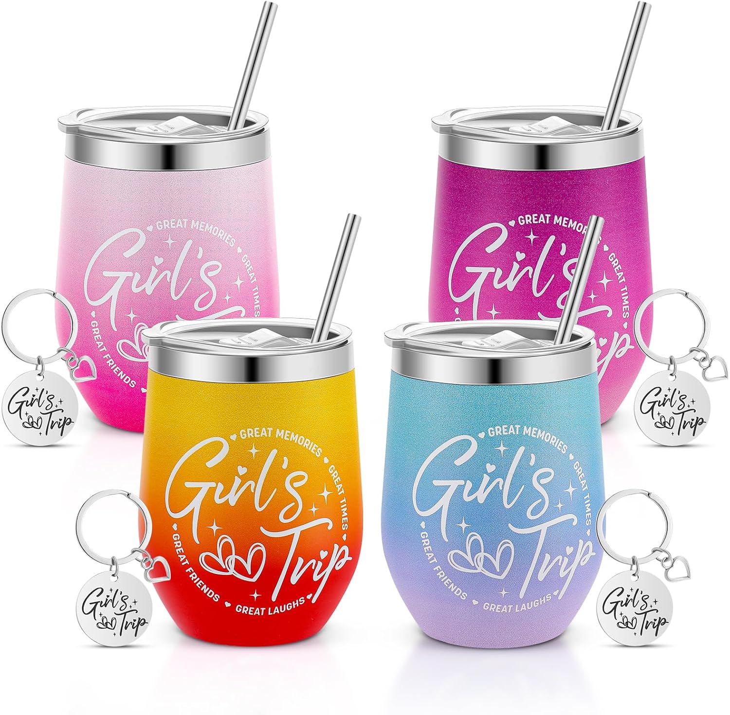 4 Pack Girl's Trip Tumbler Set with Lids 12 Oz Stainless Steel Travel Wine Tumbler for Girls Women Friendship Travel Weekend Trip Vacation Bachelorette Party Camping Gifts