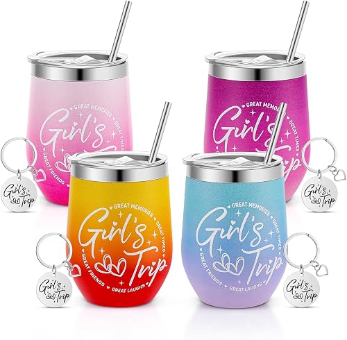 4 Pack Girl's Trip Tumbler Set with Lids 12 Oz Stainless Steel Travel Wine Tumbler for Girls Women Friendship Travel Weekend Trip Vacation Bachelorette Party Camping Gifts