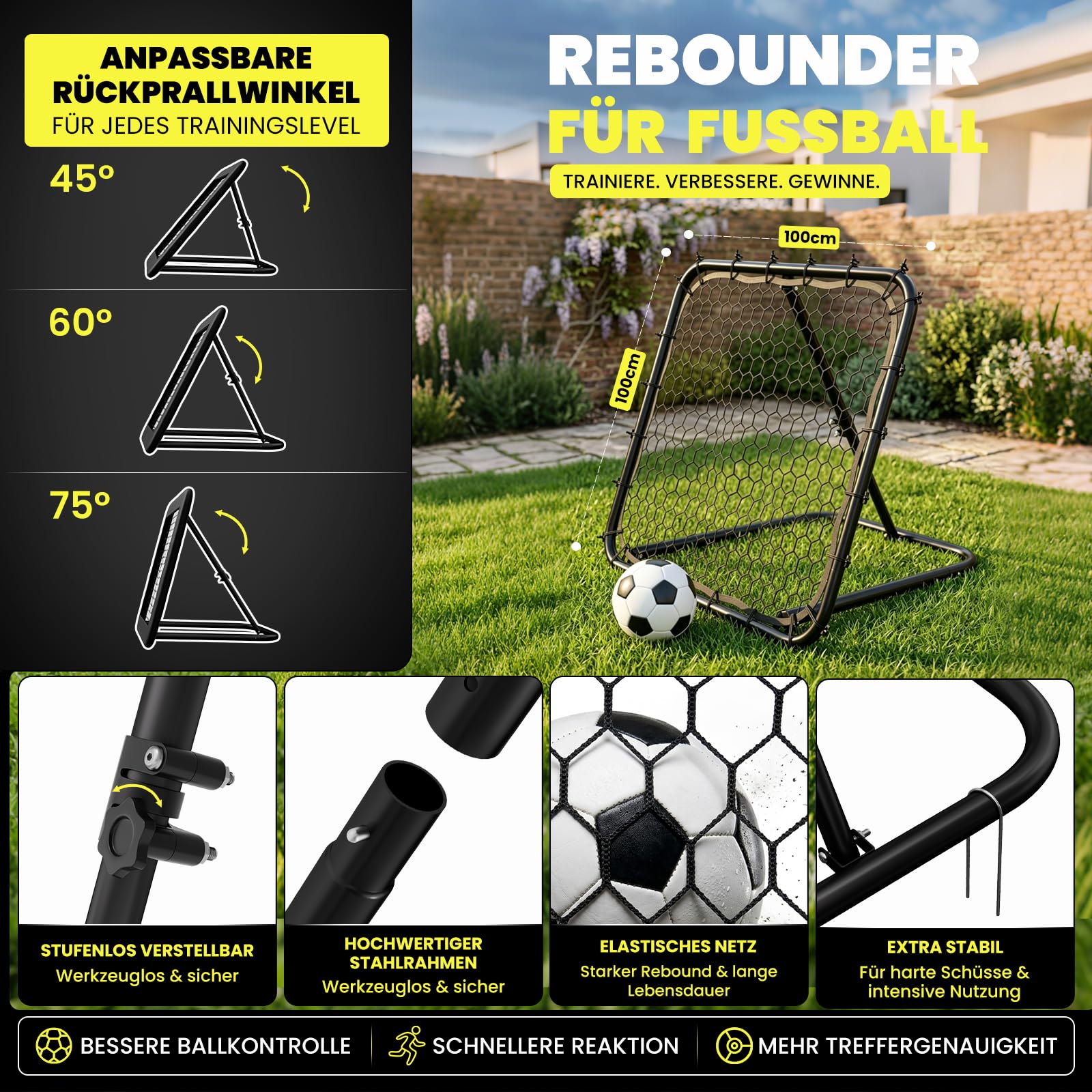 Rebounder für Fußball - Fußball Rebounder mit 32 mm Stahlrahmen- Stufenlos Verstellbar - klappbares Trainingsnetz für Schuss, Pass, Ballannahme & Torwarttraining
