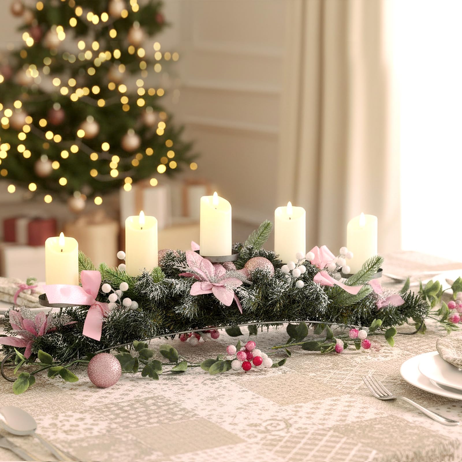 Yungyan Centre de table de Noël de 76,2 cm, comprend 5 bougeoirs LED à piles, des fleurs de poinsettia roses, un nœud rose, des pommes de pin et une base, décorations de table artificielles de Noël