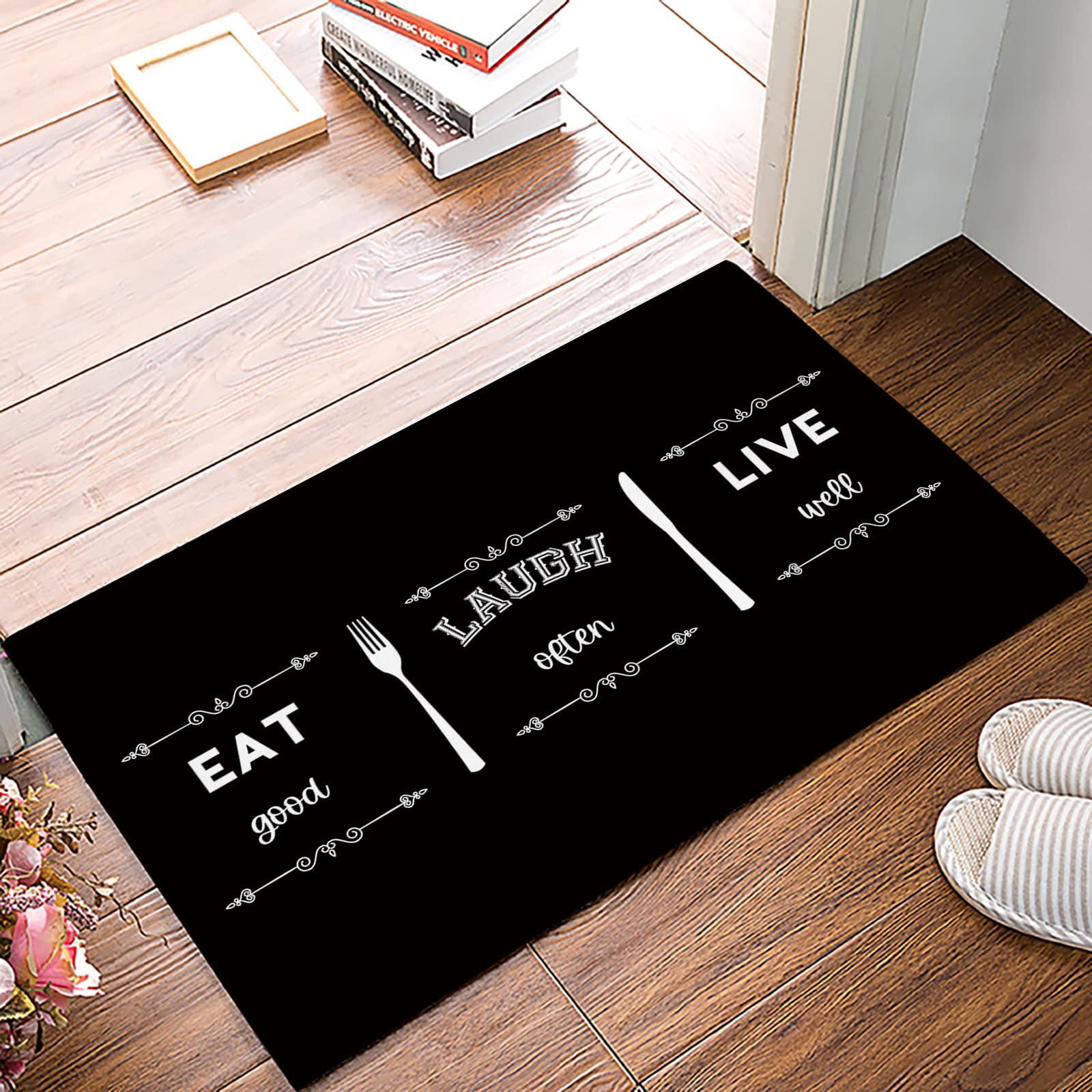 Black Eat Doormat Bathroom Kitchen Mat Rug, Kitchen Knife Fork Laugh Live Non Slip Absorbent Indoor Entrance Bath Front Floor Door Mats, Washable Accent Throw Runner Rug Mats