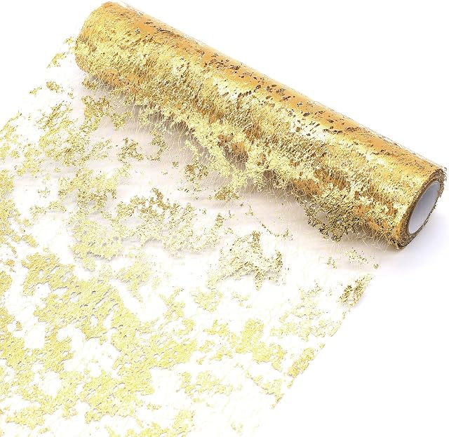 HEMEIREN Gold Table Runner, 29CM x 10M, Foil Table Runner Roll, Sparkling Tulle, Double-Sided Metallic, Festival Gift Floral DIY Wrapping Paper Ribbon Birthday Party Wedding Table Decoration