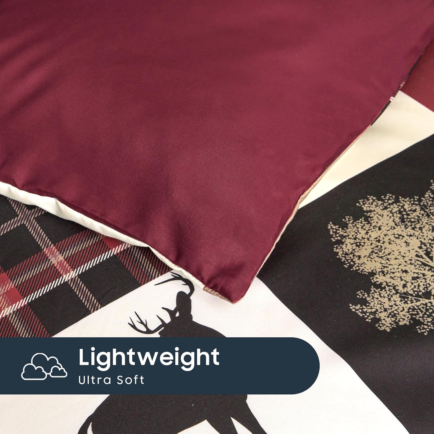 Wake In Cloud - Rustic Comforter Set with Sheets, Cabin Lodge Christmas Bear Moose Deer Wildlife Western Patchwork Country, 7 Pieces Bed in a Bag, Burgundy Black, Queen Size