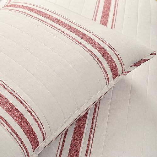 Miniatura 5 de Lush Decor Farmhouse Stripe - Juego de edredón reversible de algodón de 3 piezas, tamaño King, color rojo
