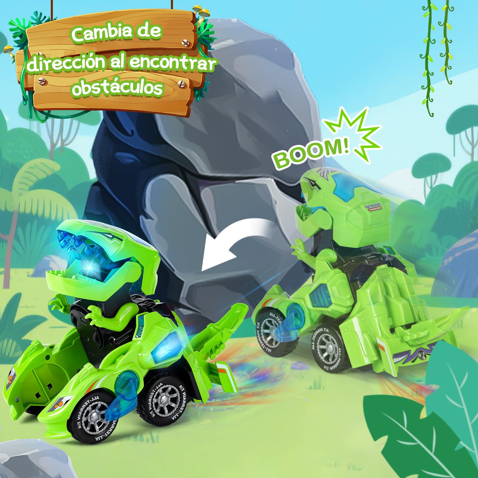 Yellcetoy Coche Dinosaurios Transform Juguetes, Dino Car con Música y Luz, Transformador Dinosaurio Regalos de Cumpleaños de Navidad para Niños 3 4 5 6 7 Años Verde