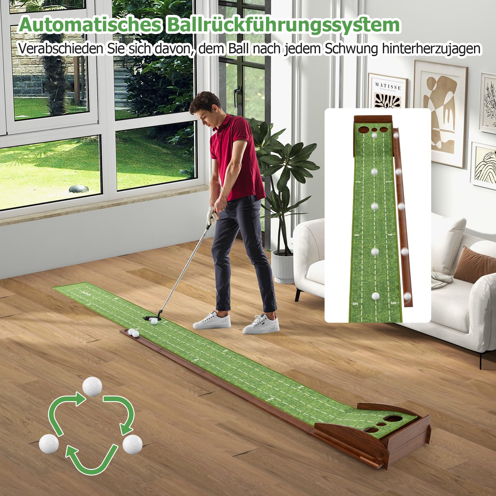 GYMAX Golf Puttingmatte mit automatischem Ballrücklaufsystem, Golf Übungsmatte mit Zielbezugslinie & Entfernungsskala, Golf Trainingsmatte für Anfänger & Profis, grün