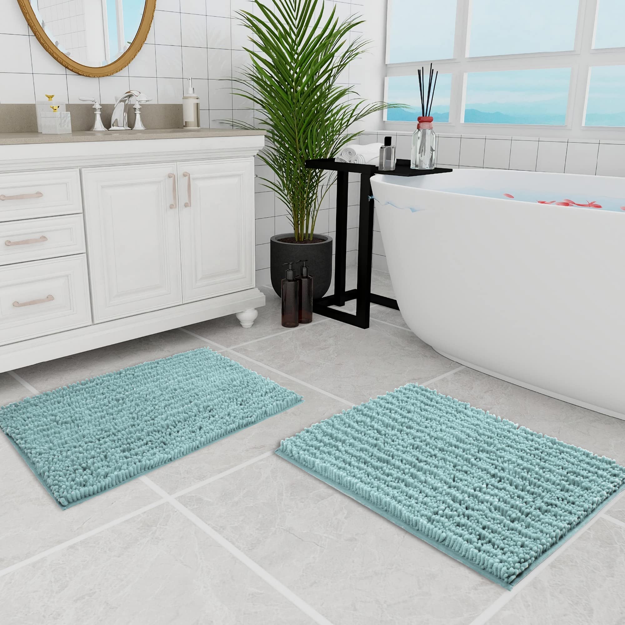 Walensee Bathroom Rug 2 Pieces Set Non Slip Bath Mat (20"x32" Plus 20"x32" spa Blue) Water Absorbent Super Soft Shaggy Chenille Machine Washable Dry