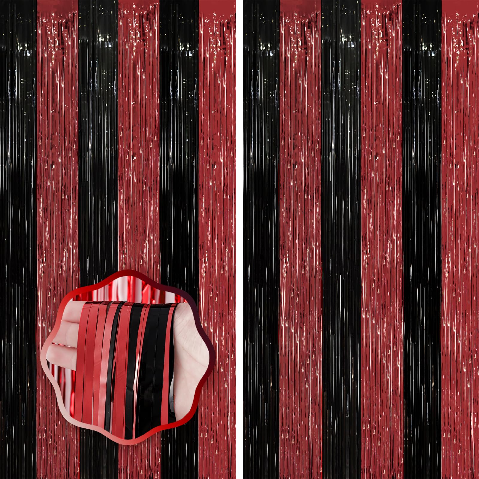 Voircoloria 2 Pack Red Black Foil Fringe Backdrop Curtains Birthday Decor