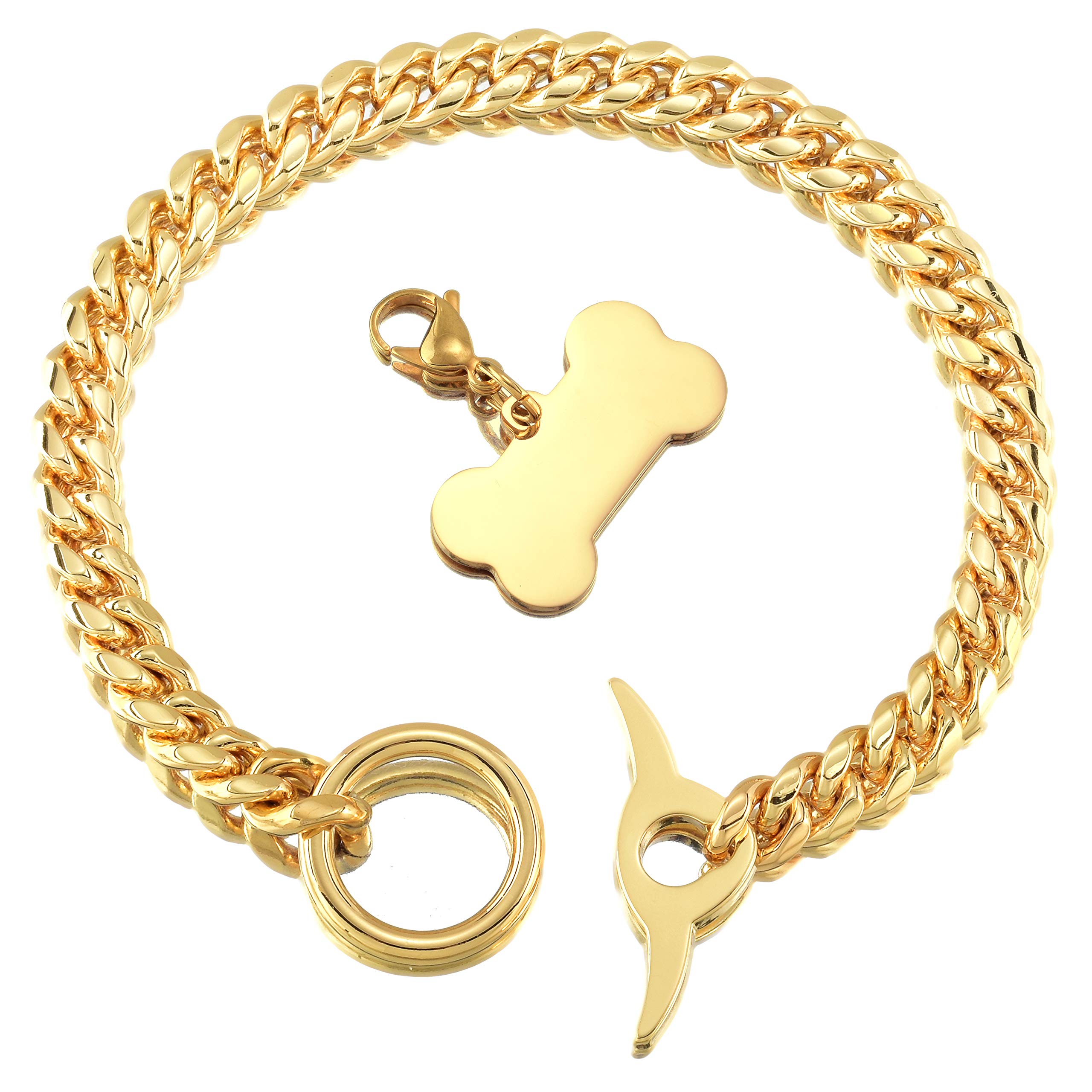 Jewelry Kingdom 1 Dog Chain Collar 18K Cuban Link Chain 10MM Strong Heavy Duty Chew Proof Adjustable Training Walking Collar with Toggle Clasp and Dog Tag for Medium Dogs (10MM, 22