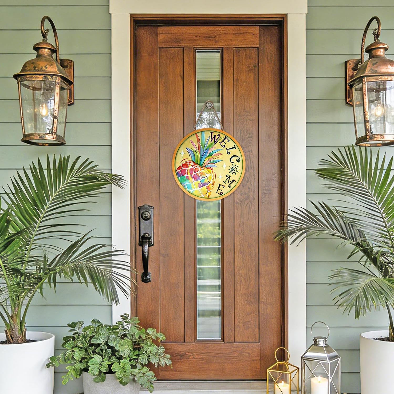 Welcome Summer Pineapple Front Door Sign, Yellow Tropical Fruit Sun Wood Plaque Hanger Outdoor Outside Porch Home Decor, Wooden Wreath Indoor Wall Hanging Decoration