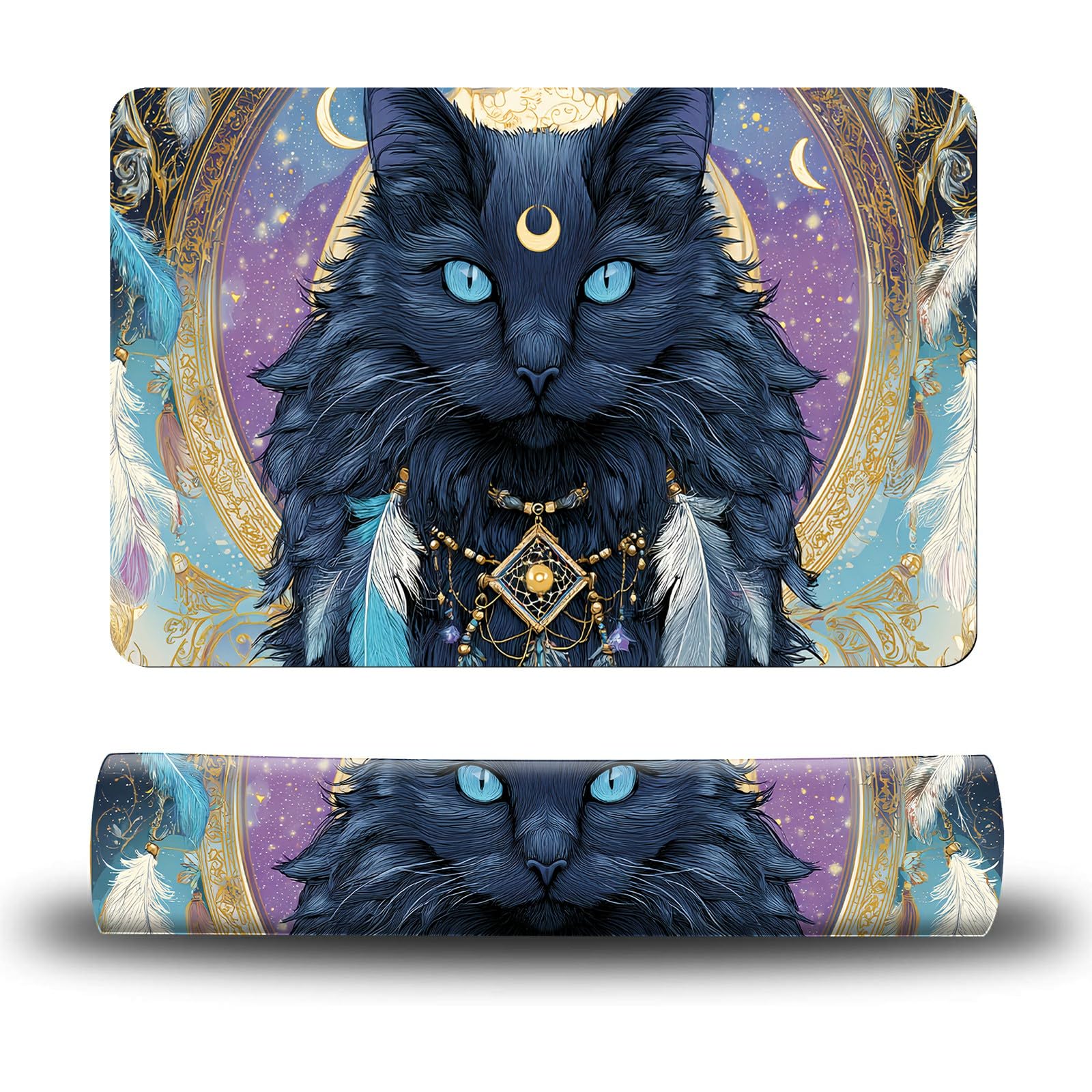 Dikoer Dog Food Mat, 15.7" x 23.6" Absorbent Pet Feeding Mat for Food and Water, Waterproof Diatom Mud Pet Placemat with Non-Slip Rubber Backing, Cat Bowl Mat for Floors - Feathered Black Cat