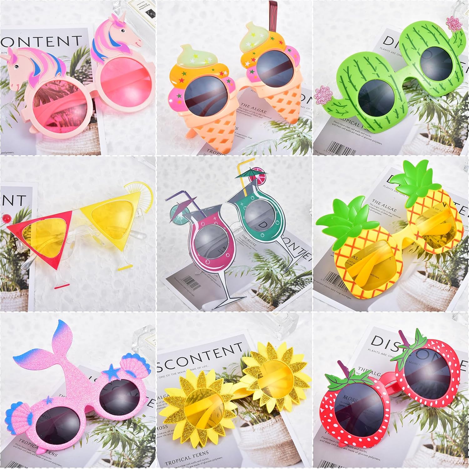 9 Pcs Hawaiian Party Sunglasses Set, Tropical Novelty Funny Glasses, Luau Beach Birthday & World Cup Viewing Party Favors with Pineapple, Cocktail, Unicorn Design for Adults Photo Props