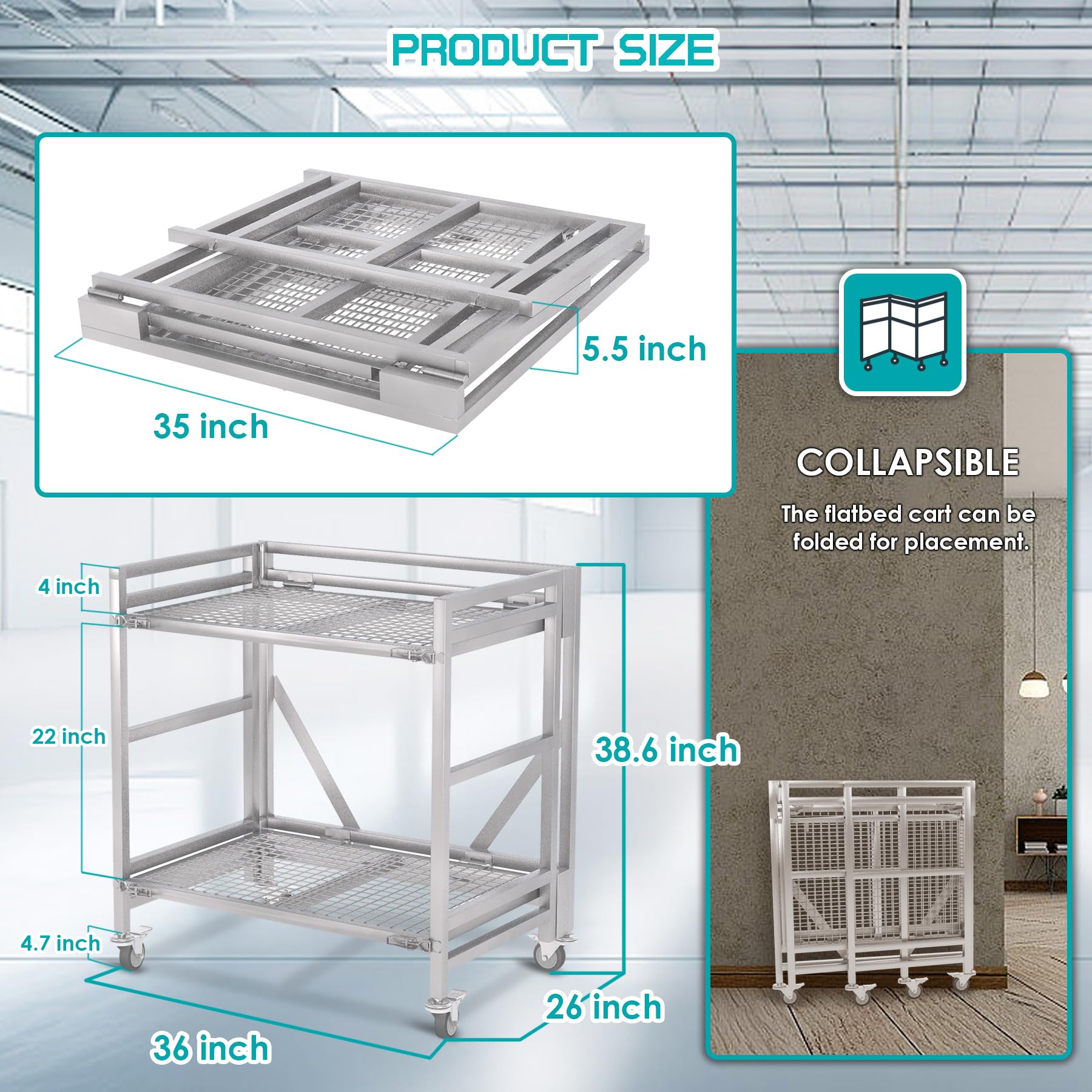 Carrito rodante de 2 estantes con ruedas, capacidad de 660 libras, carrito utilitario plegable de acero, carrito de mano plegable de alta resistencia, carrito de almacenamiento de metal con asa para