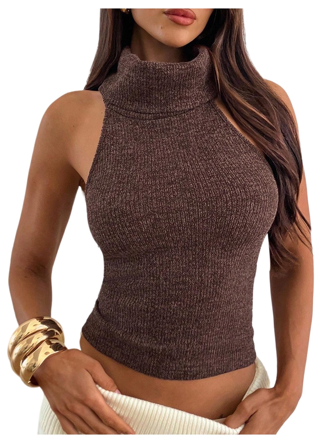 Milumia Womens Halter Turtleneck Sweater Vest Sleeveless Ribbed Knit Y2k Going Out Crop Tops