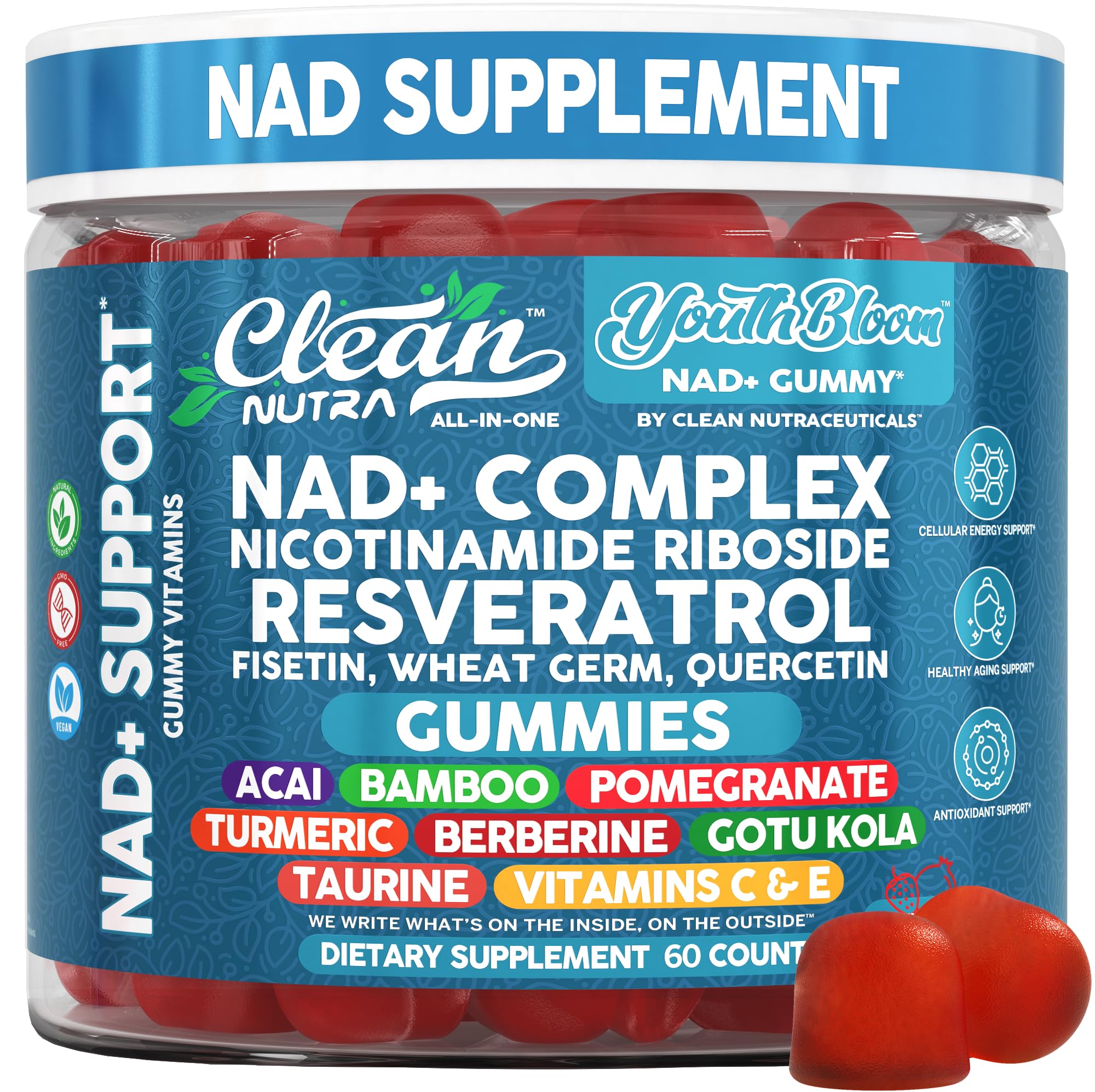 Youth Bloom NAD Supplement Gummies Resveratrol Fisetin Wheat Germ Berberine Taurine Turmeric Collagen Astaxanthin Nicotinamide Gotu Kola Pomegranate