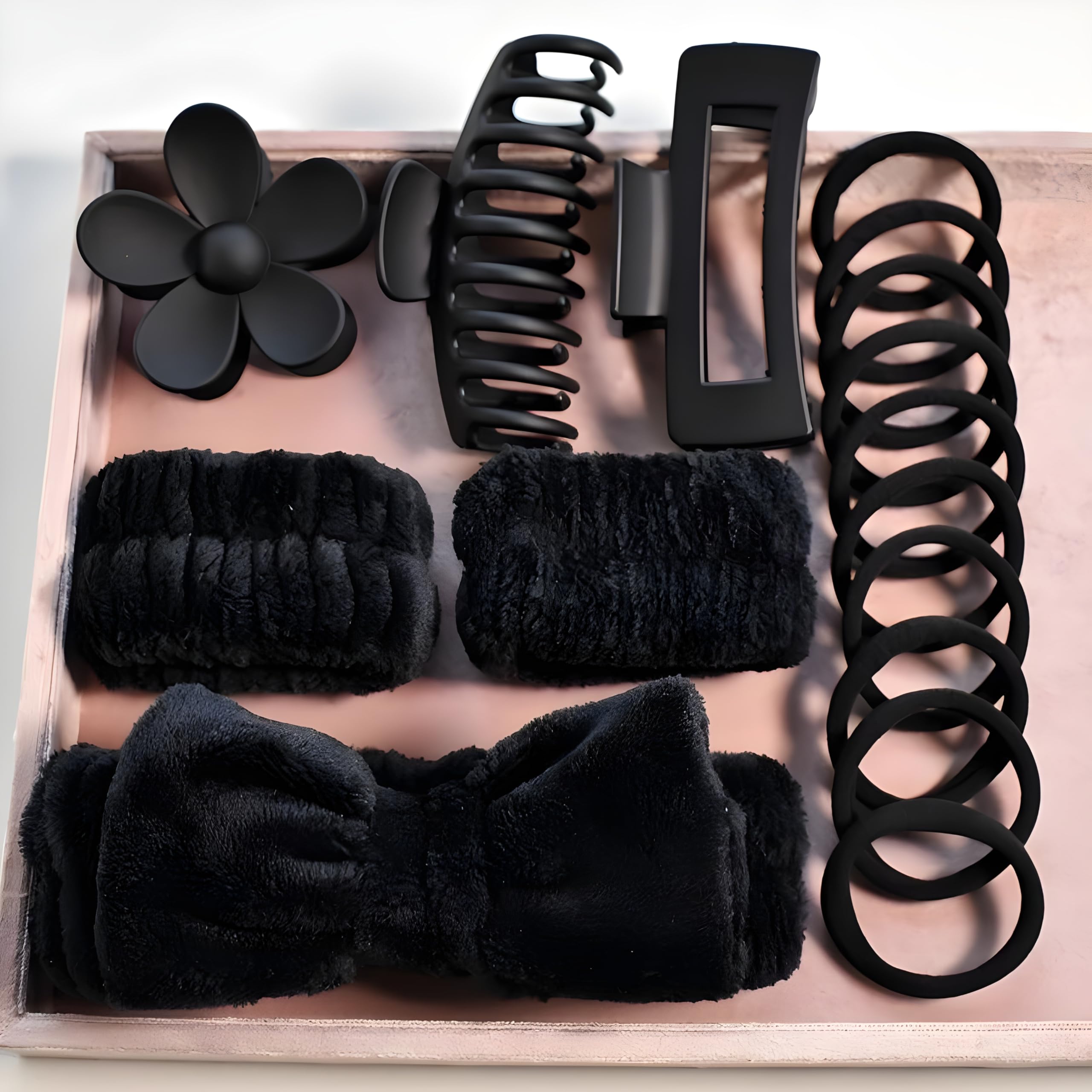 sivige 16 Pcs/Set Spa Washing Face & Makeup Accessories for Women | Fluffy Wristbands, Bow Headbands & Flower Hair Claw Set (Black)-picture-34