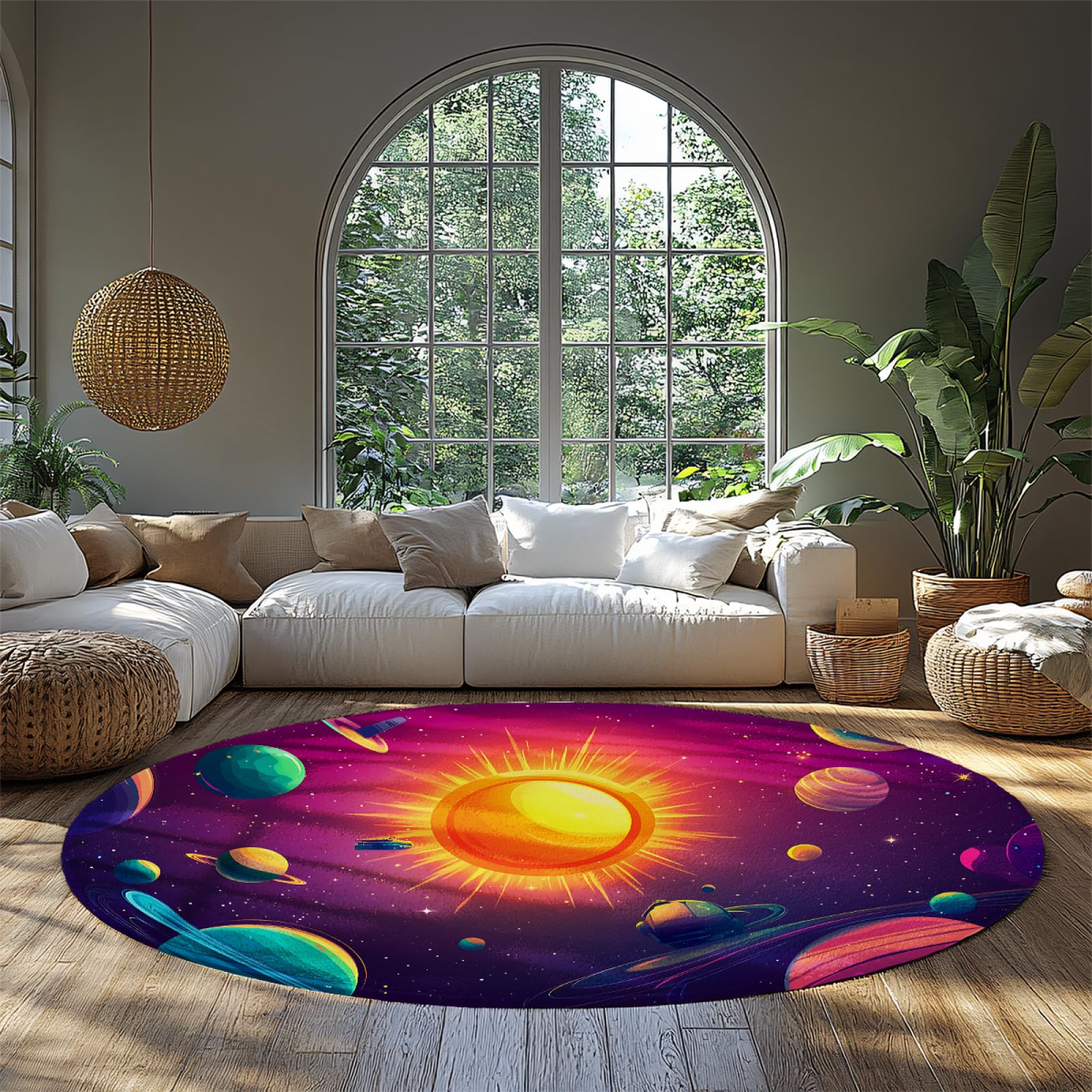 Tappeti rotondi Sun - Tappeti antiscivolo pianeti colorati Tappeto lavabile a pelo corto per sala giochi Lavanderia Stanza dei giochi Sala giochi Sala studio 200cm