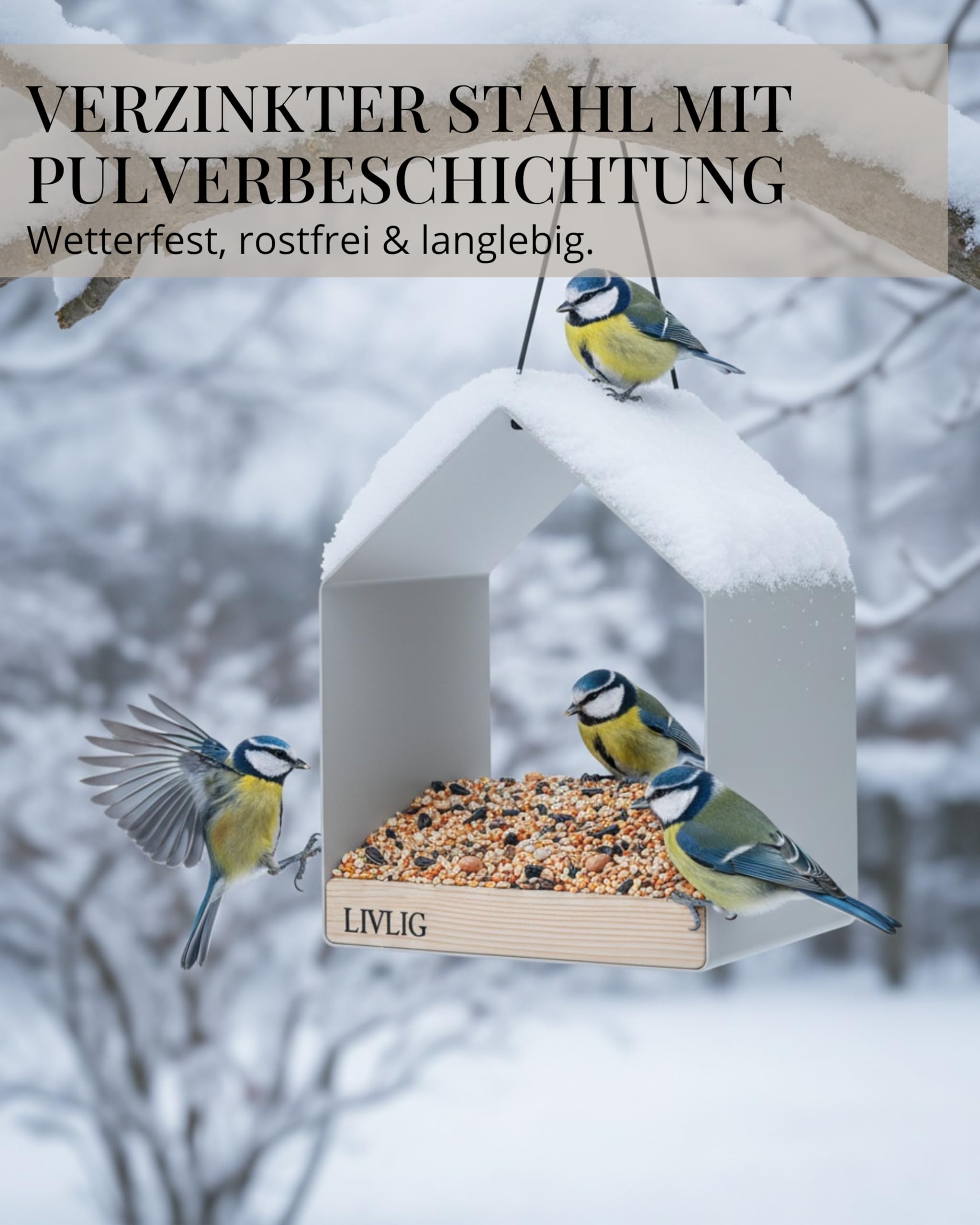 LIVLIG Vogelhaus Metall – 2in1 Vogelfutterhaus & Vogeltränke, Design Vogelhaus zum Aufhängen, wetterfestes Futterhaus für Vögel ganzjährig, Futterspender Vögel, Greige