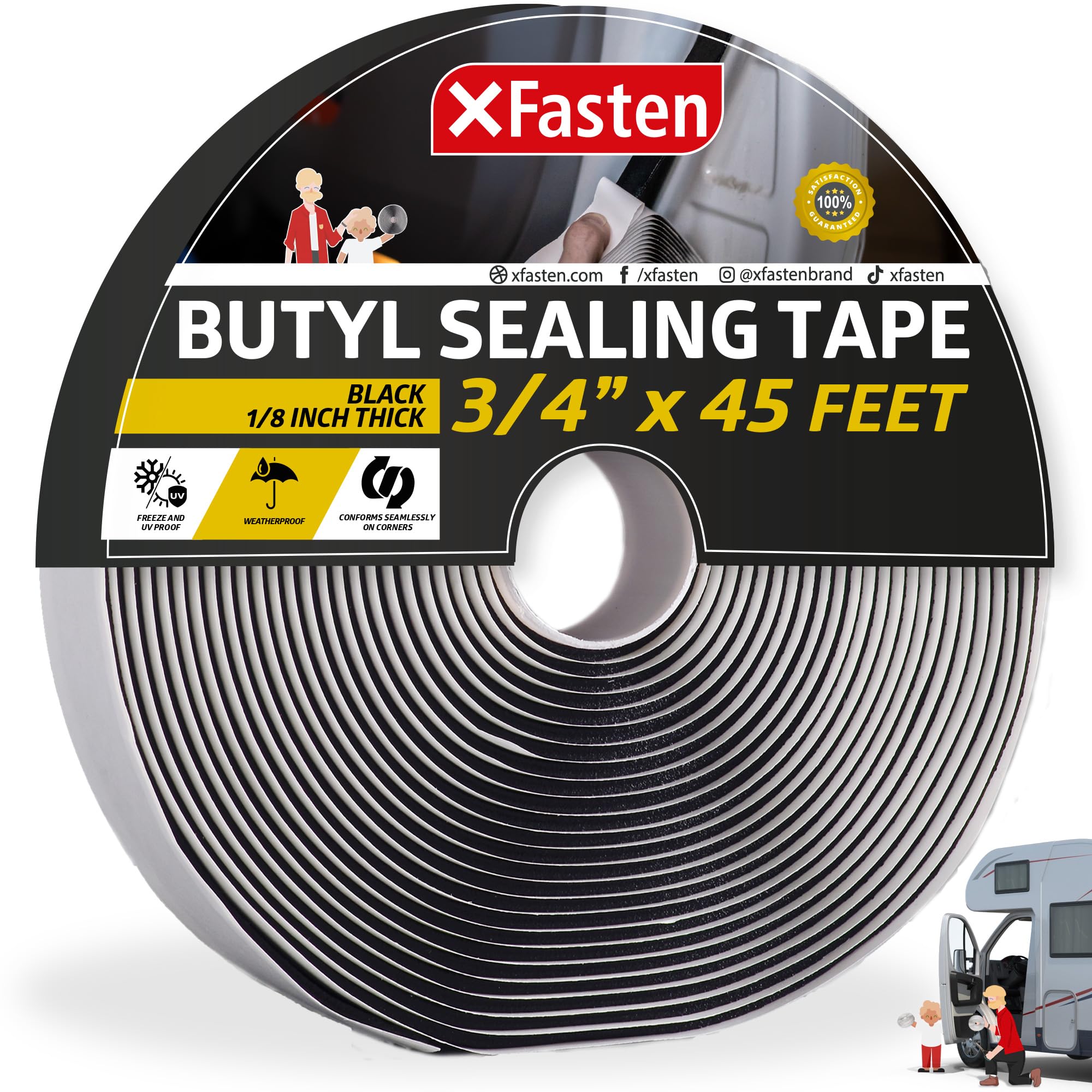 XFasten Black Butyl Seal Tape, 3/4 Inch x 45 Feet, 1/8 Inch Thick, Leak Proof Putty Tape for RV Repair, Window, Boat Sealing, Glass and EDPM Rubber Roof Patching