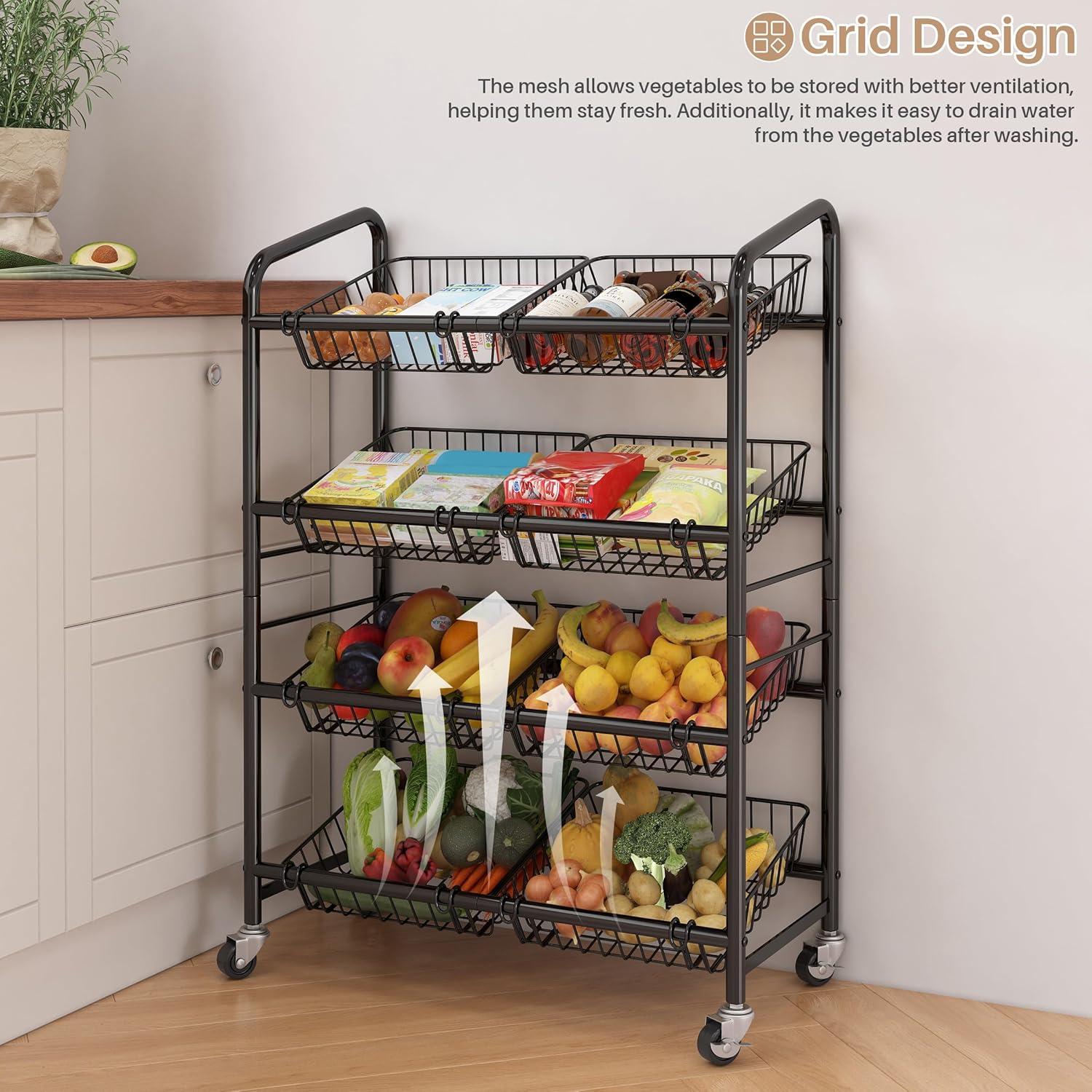 UMDONX Fruit Basket Storage Cart with 8 Baskets and Wheels – Rolling Metal Kitchen Organizer for Fruits, Vegetables, Snacks & Pantry – Space-Saving Multi-Purpose Storage Rack for Home & Apartment - Image 5
