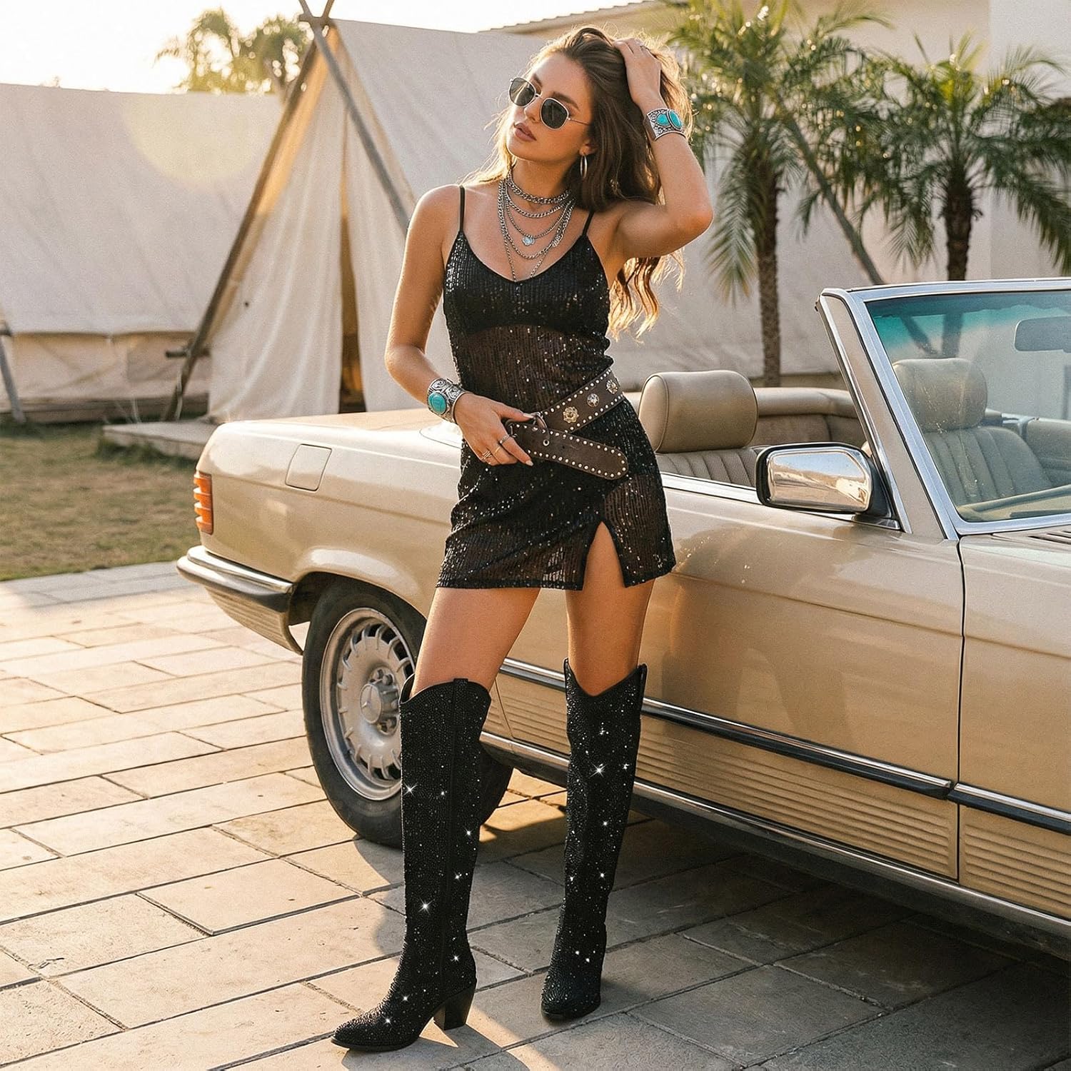 Rollda Rhinestone Cowboy Boots, Sparkly Over the Knee Cowgirl Boots, Pointed Toe Knee High Boots with Chunky Heel Thigh High Boots