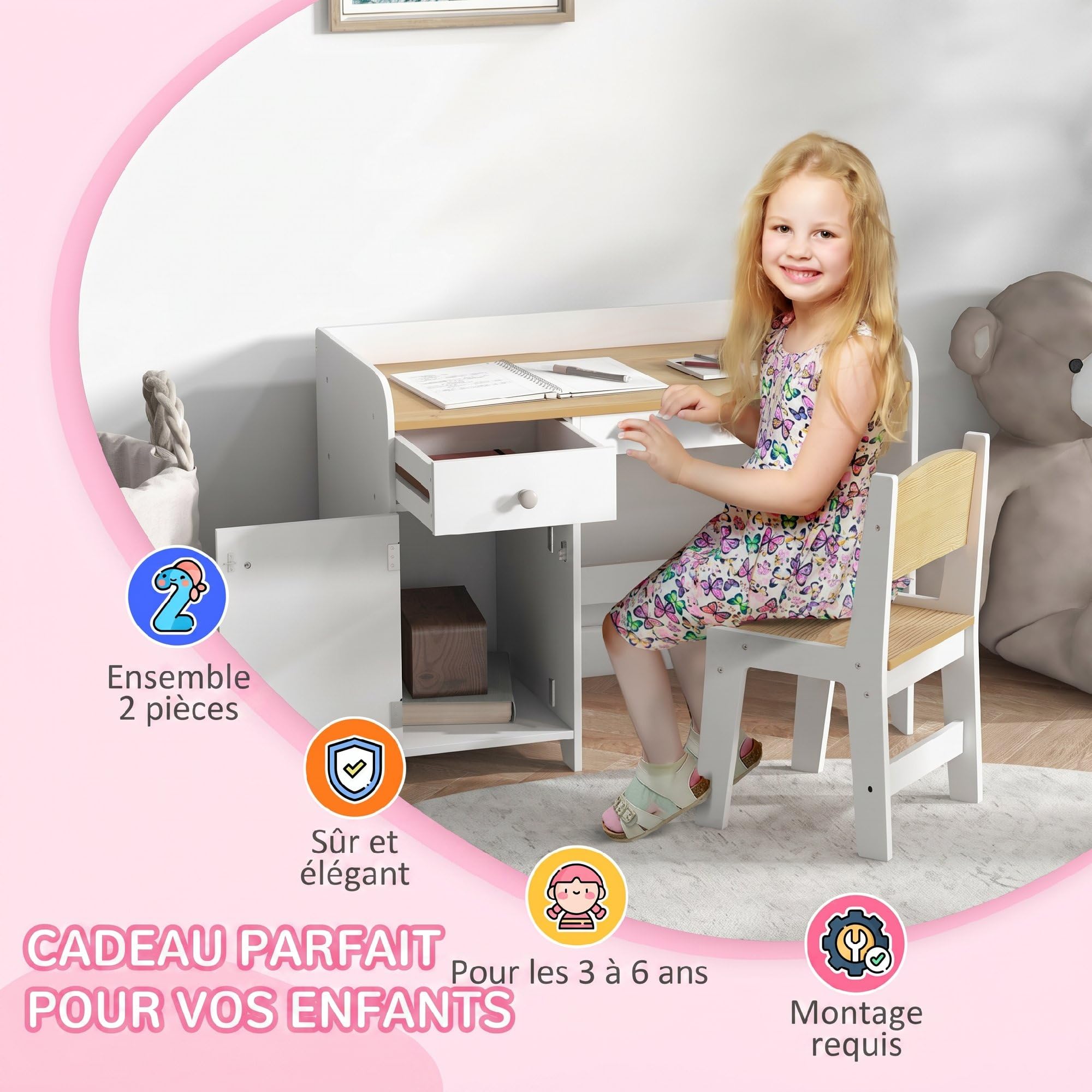 ZONEKIZ Bureau Enfant avec Chaise 3 à 6 Ans 80 x 39 x 59 cm Blanc