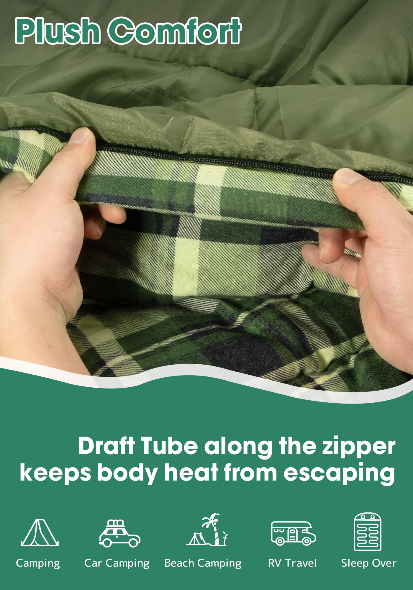 Saco de Dormir Doble de Franela de algodón con 2 Almohadas para Adultos y niños, Camping, 3 Estaciones, Saco de Dormir para Dos Personas, Ligero, Impermeable, con Saco de compresión, tamaño