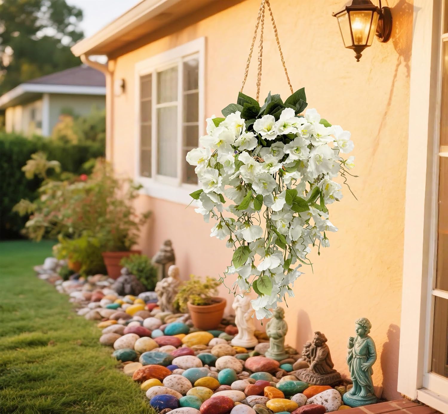 2 Pcs Fake Hibiscus Flowers for Outdoors Artificial Hanging Plants Realistic UV Resistant Silk Faux Hibiscus Flowers Trailing Vines White for Outside Porch Yard Decor - Image 3