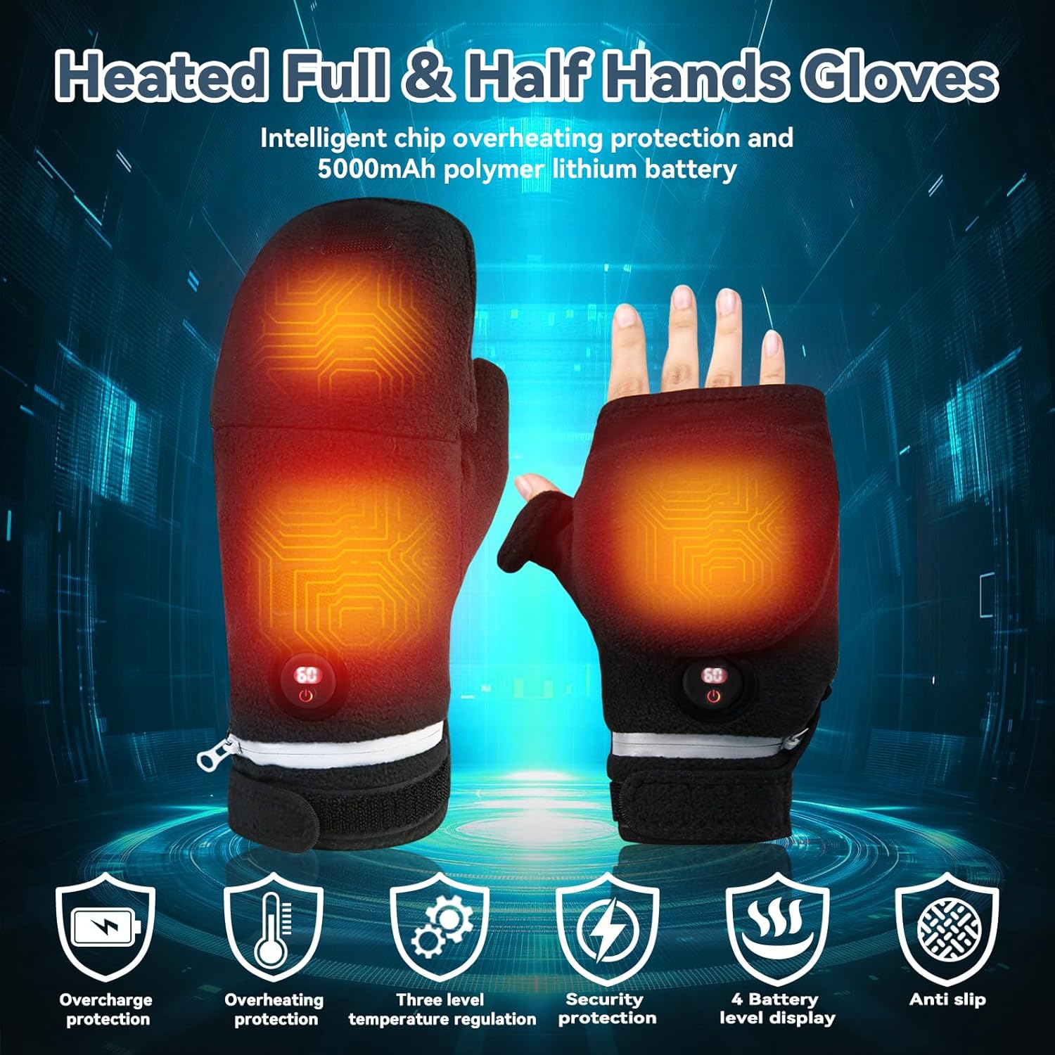 Heated Gloves, 5V 5000mAh Rechargeable Full & Half Hands Electric Gloves Heated Mittens for Men Women with Touchscreen, 3 Heating Levels, Winter Heating Glove for Camping Skiing Hiking Cycling - Image 3