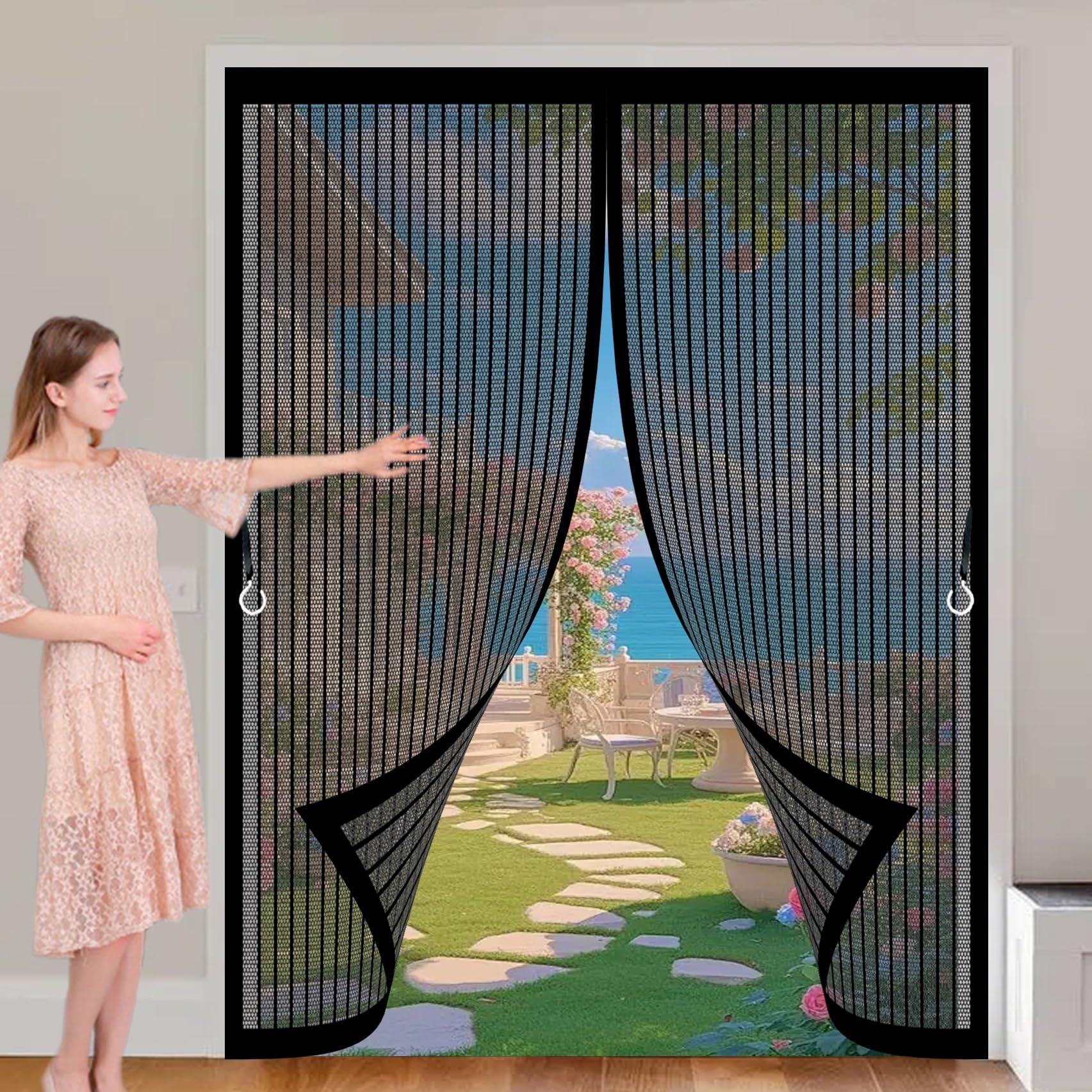 Xueqxue Black Door Fly Screen Curtain 115 X 145 Cm With Powerful Magnets & Full Frame Magic Tape No Gap, Lets Fresh Air In, Keep Bugs Out Door Magnetic Fly Screen For Patio Doors Bedroom,