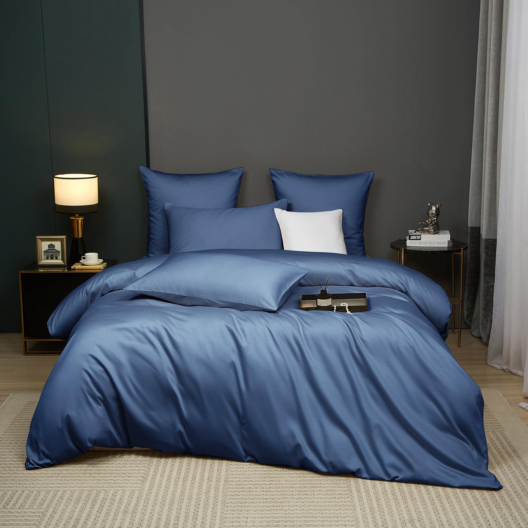 Luowei Mako Satin Bettwäsche 155x220 cm Baumwolle Blau Ägyptische Baumwollqualität Bettbezüge Set Kühlende Atmungsaktiv Oeko-Tex Bettwäsche 155x220 mit Reißverschluss und 2 Kissenbezüge 80x80