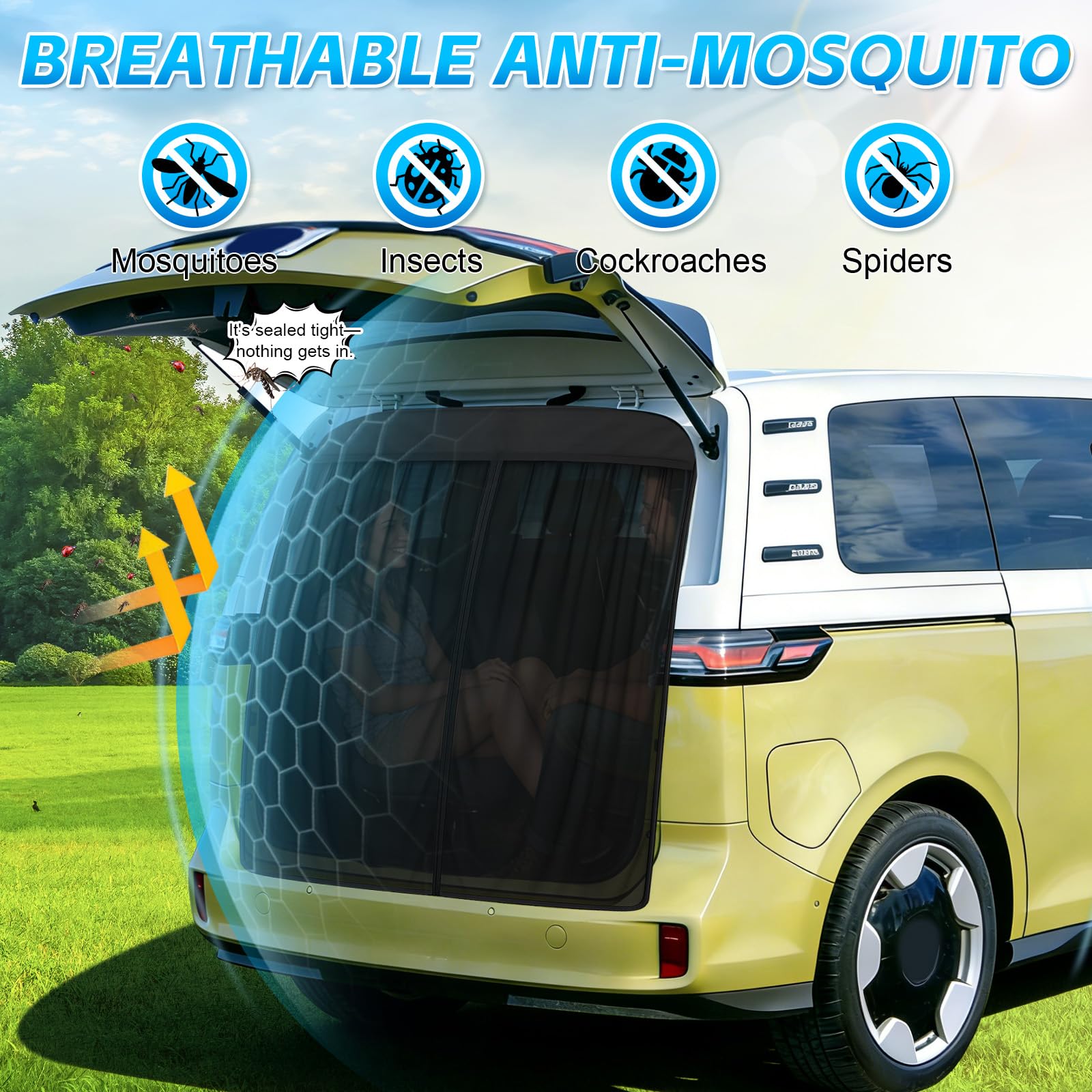 Moskitiera zastępcza do VW ID Buzz 2022-2026, ochrona przed owadami, jednowarstwowa siatka, magnetyczna moskitiera, oddychająca, na kemping na zewnątrz (tylne drzwi)