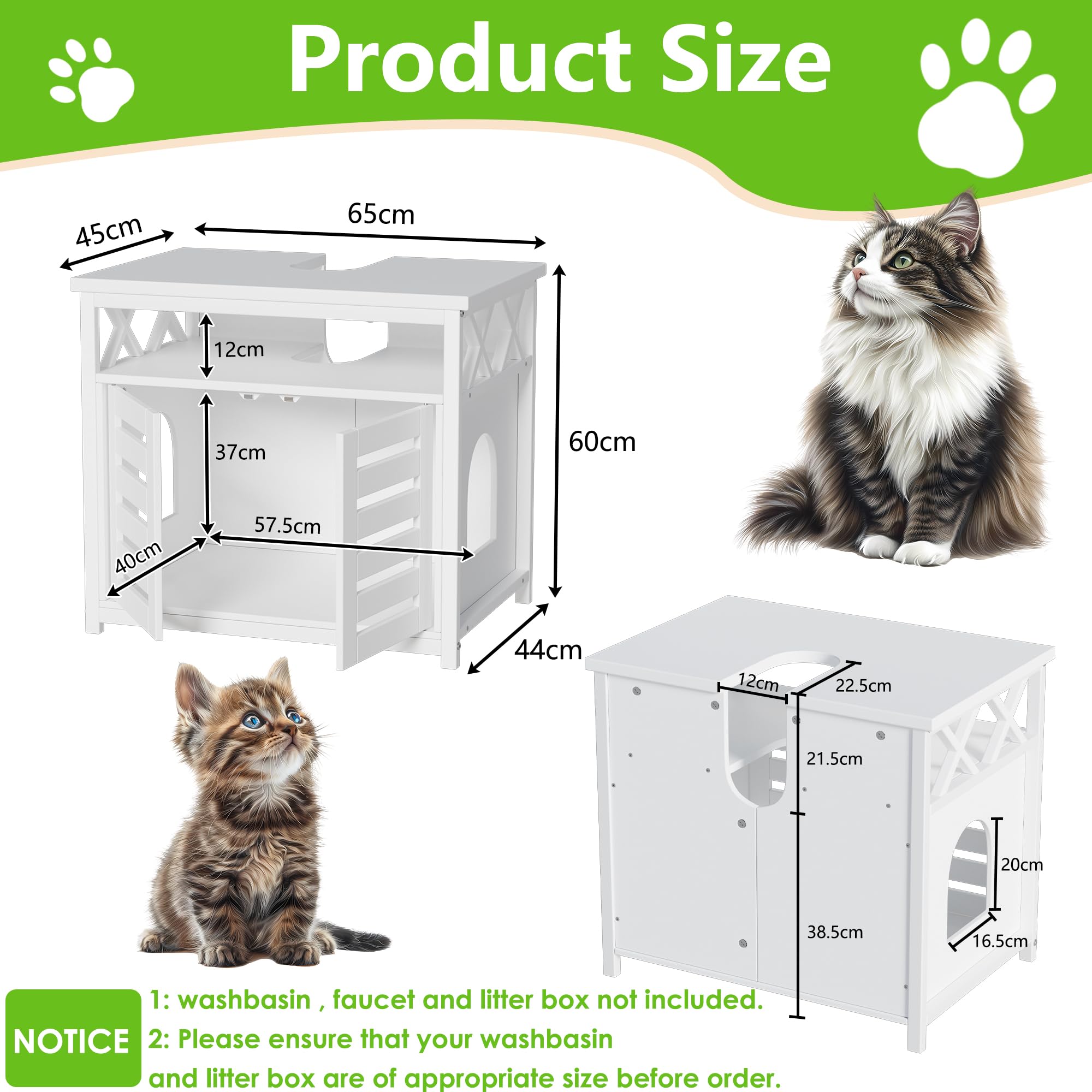 2 in 1 Casa di toilette per gatti e mobili sotto lavabo, mobile per animali persiani, armadio per lettiera per gatti con 2 porte, mobili per lettiera, 65 x 45 x 60 cm,lavello in ceramica non incluso
