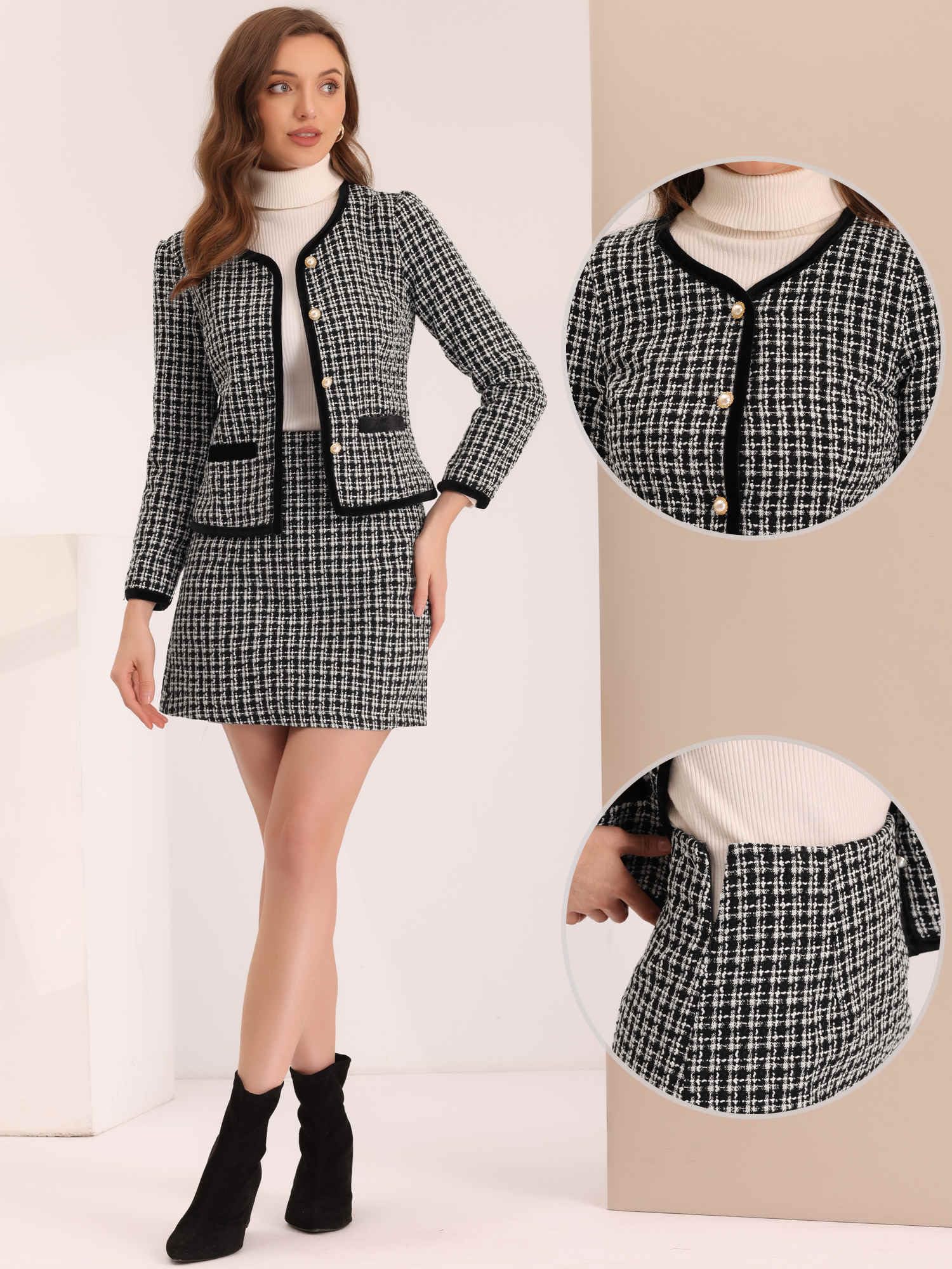 Allegra K Conjunto de falda de traje de negocios para mujer, trajes de 2 piezas, chaqueta de tweed a cuadros, blazer corto y minifalda