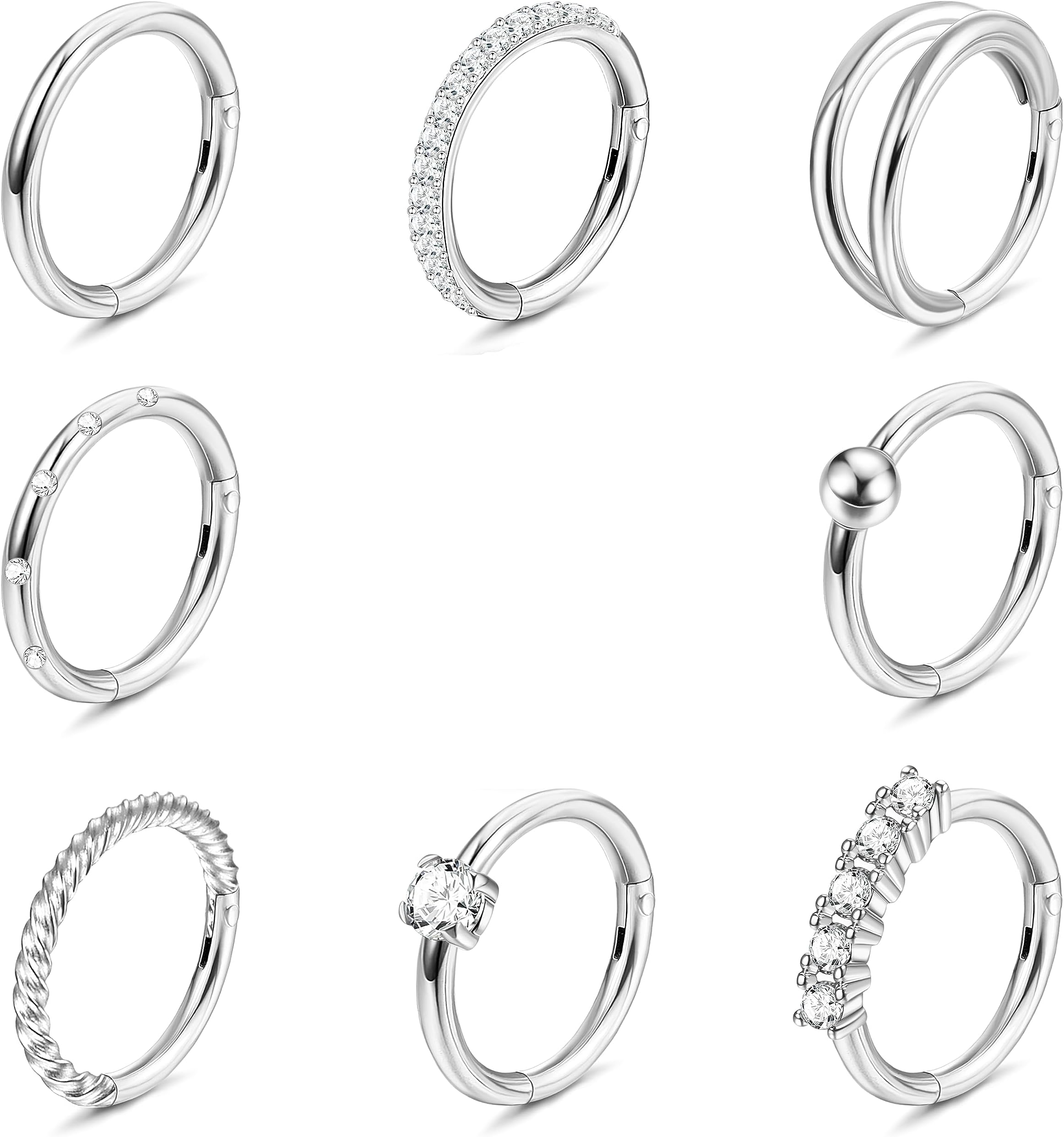 MILACOLATO8Pcs 18G 16G Nose Ring Hoop for Women Surgical Steel CZ Septum Clicker Lip Rings Helix Cartilage Conch Hoop Earring Daith Seamless Body Piercing Rings Silver 8mm 10mm Nose Hoops Jewellery