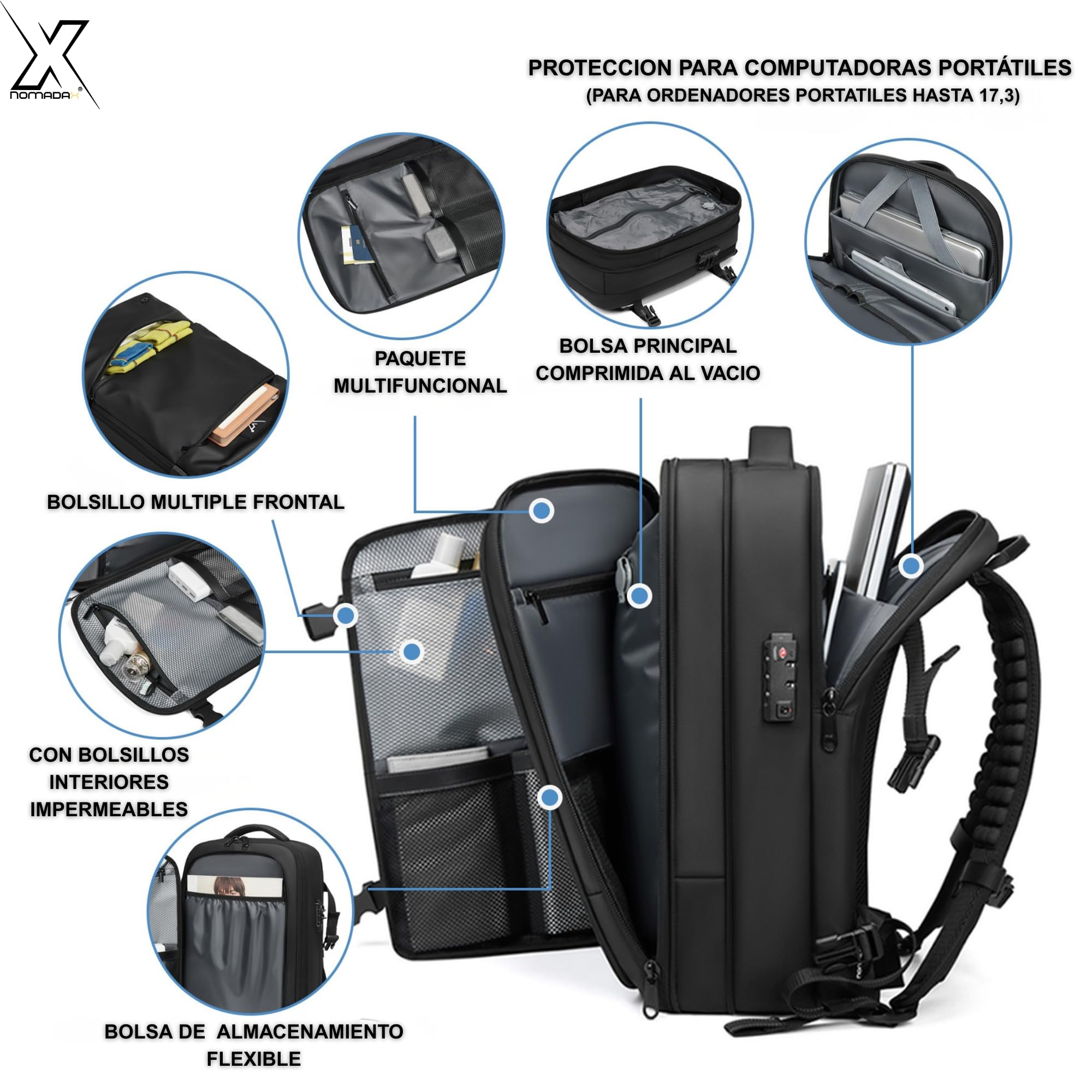 Mochila de Viaje Cabina 49x32x15 con Compresión al Vacío y Mini Bomba, Candado TSA, Portátil 17,3", Impermeable – Apta Ryanair y Vueling (Hombre y Mujer)