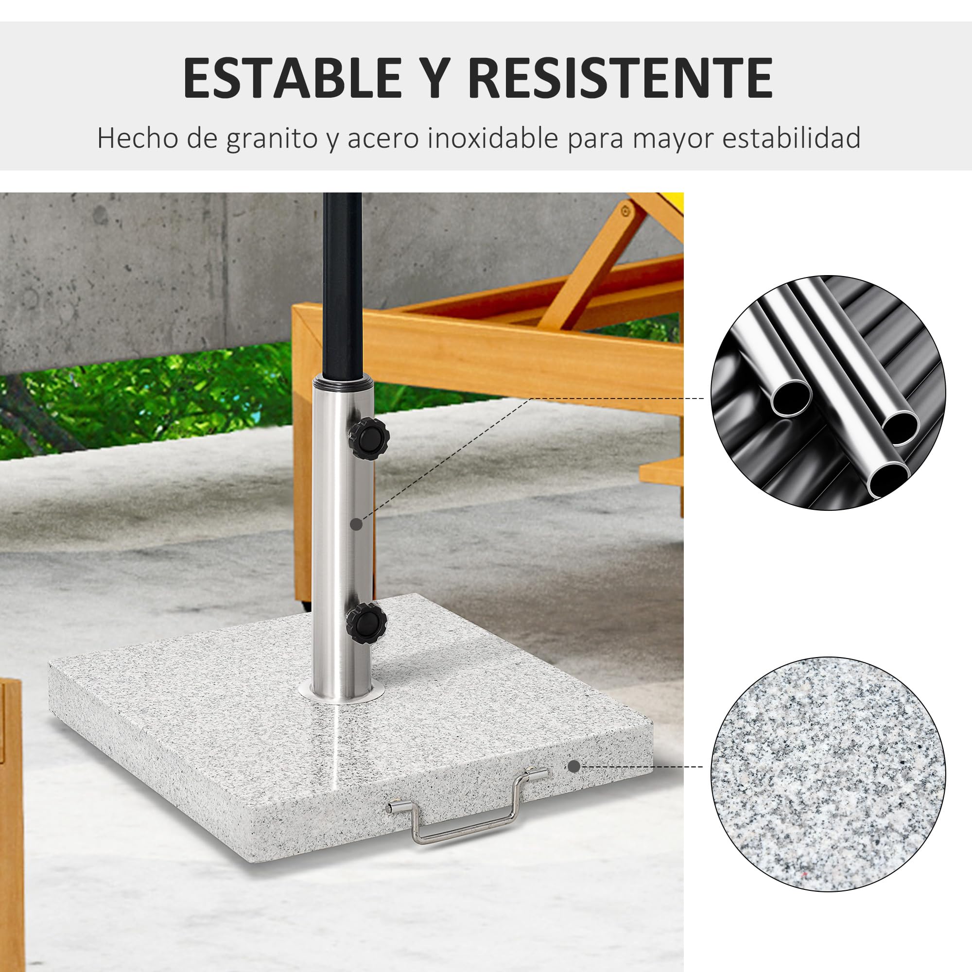 Outsunny Base de Sombrilla Exterior Universal 25 kg de Mármol con 2 Ruedas y Asa de Transporte Tubo de Ø35/38/48 mm Soporte de Parasol para Jardín Balcón Patio 40x40x36 cm Gris