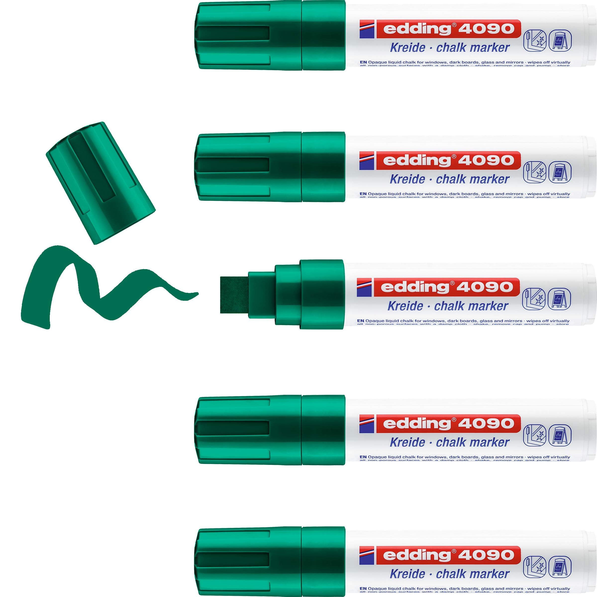 edding 4090 Chalk Marker - Green - 5 Chalk pens - Chisel tip 4-15 mm - Broad-Tipped Wet Wipe Pen for chalkboards, Windows, Glass, Mirrors - Liquid Chalk Marker pens for Opaque Coverage