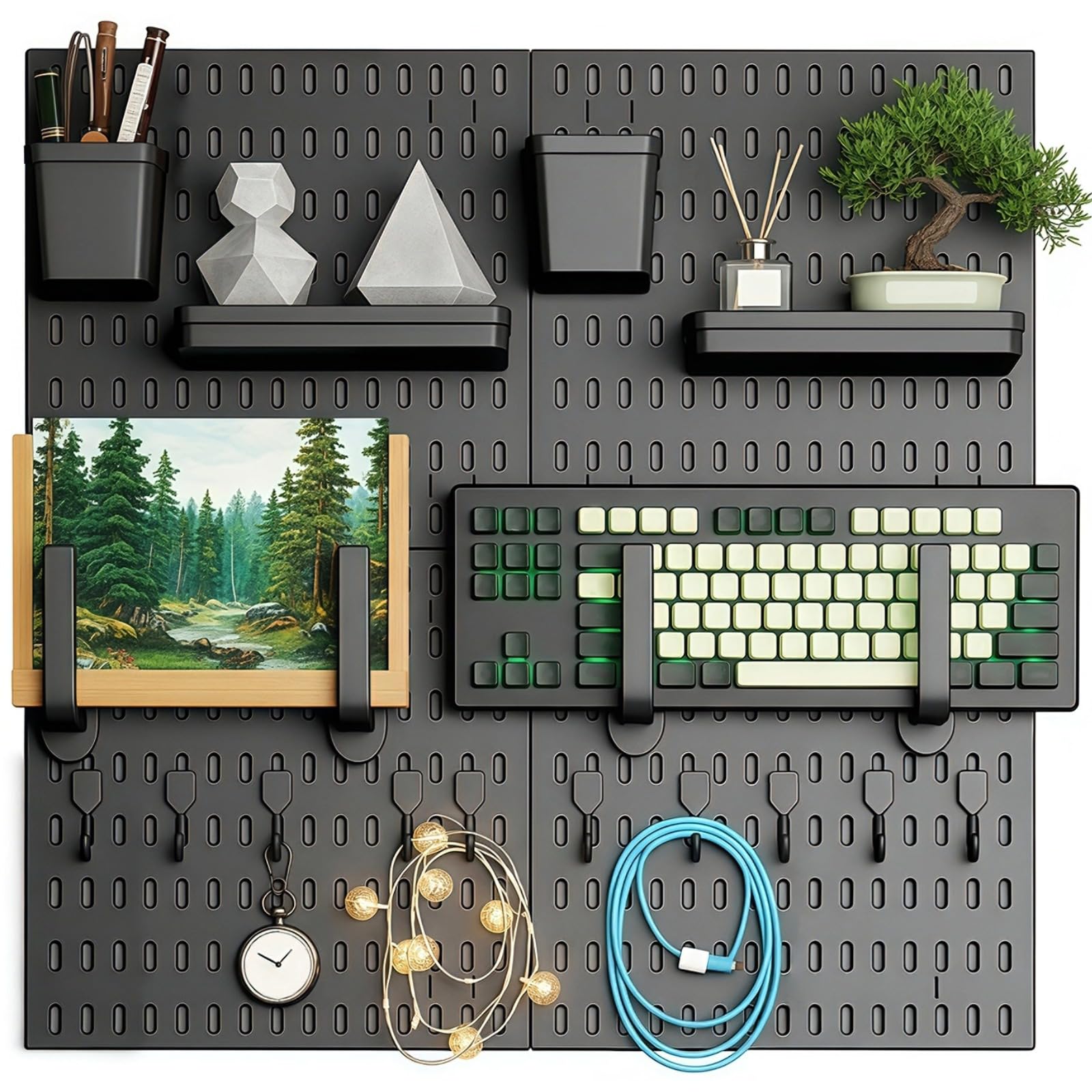 Lot de 4 tableaux perforés muraux peu encombrants avec 4 panneaux perforés, 14 crochets, 4 étagères pour le bureau à domicile