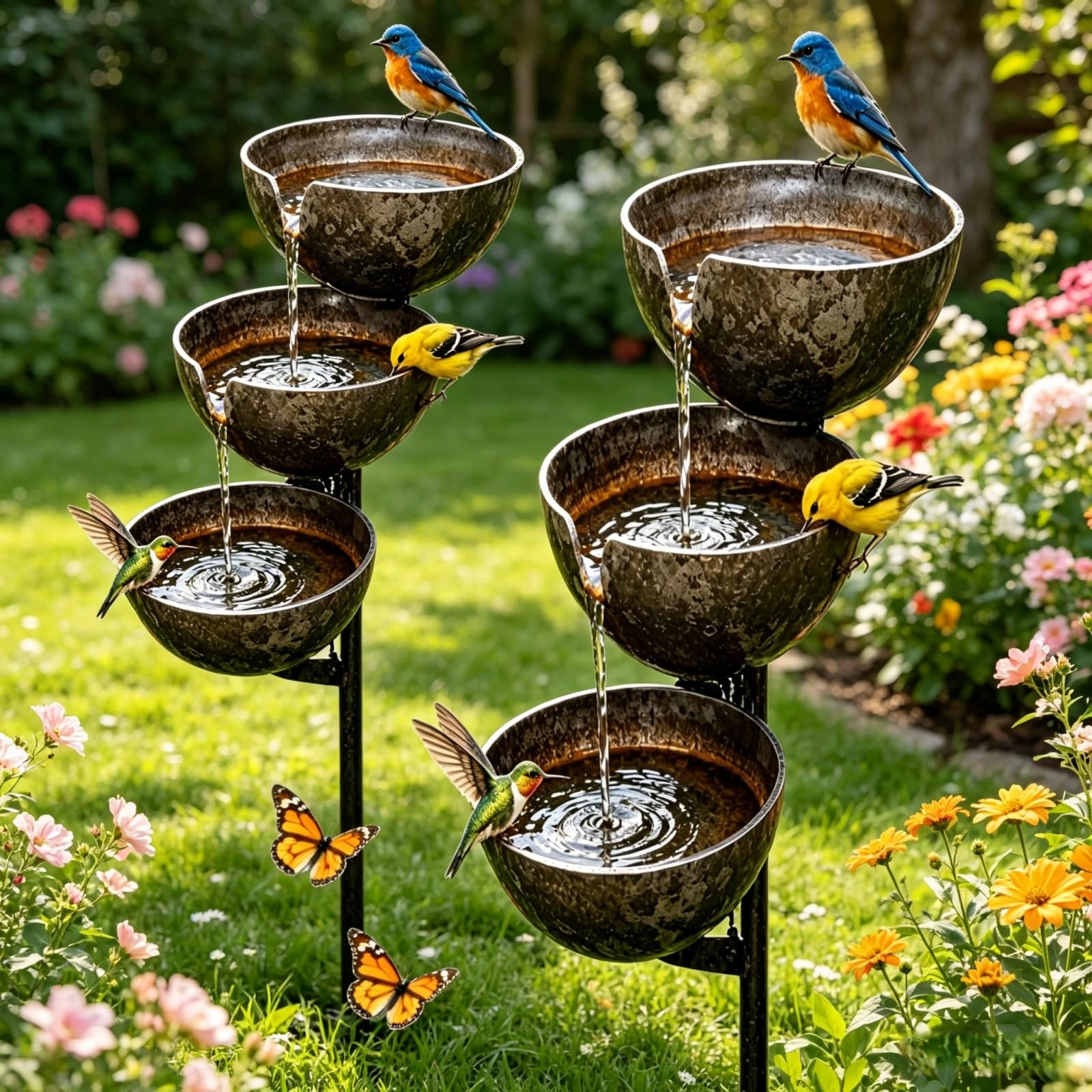 Bring Life Back To Your Garden – Rain Catcher Bird Bath,2026 Metal 3 Tier Birds Bath,Rain Catcher Garden Stake Birds Baths,Antique Bronze Outdoor Rainwater Collector for Birds Bees Hummingbirds，A：2PCS