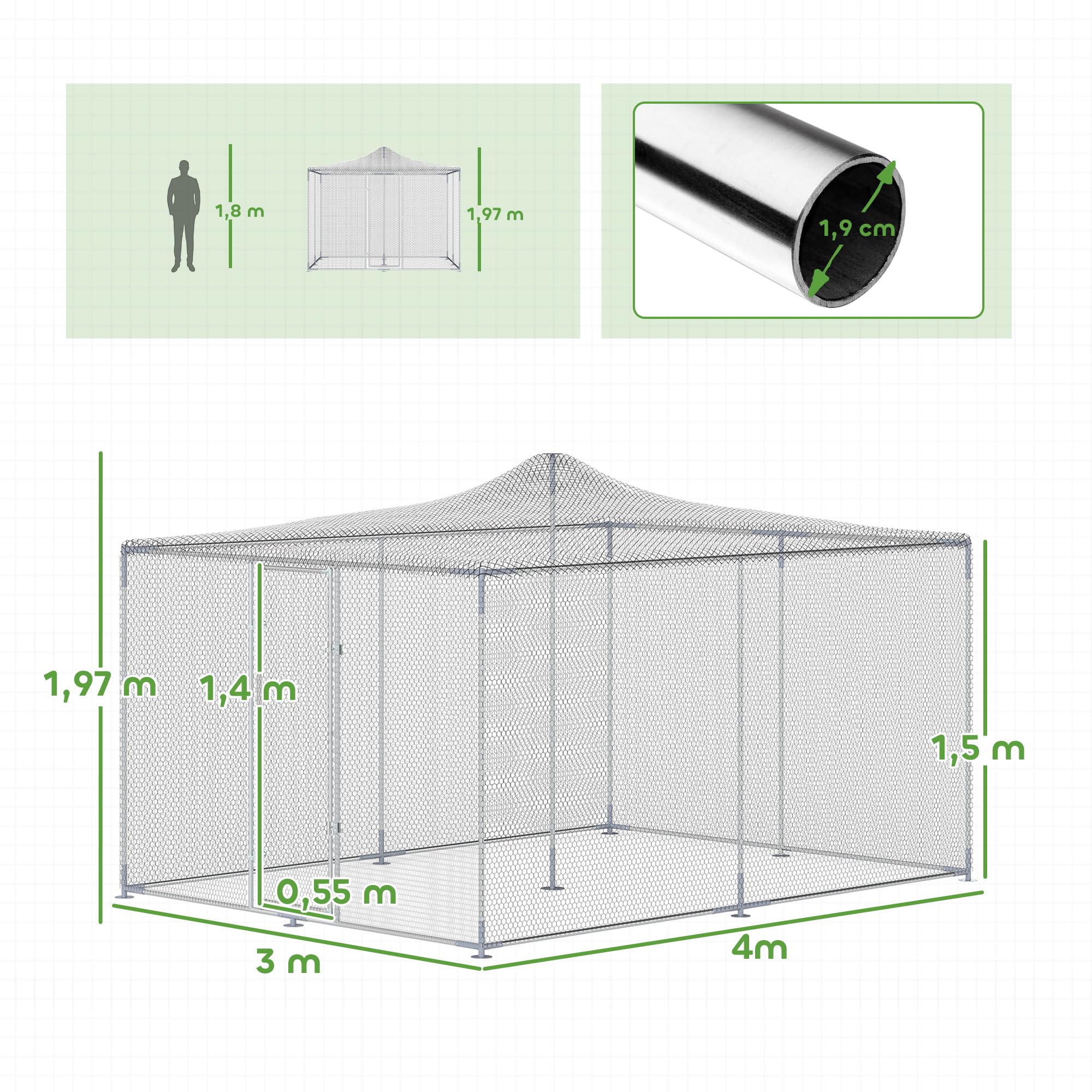 PawHut Gallinero Exterior Grande 4x3x1,97 m 12 m² Acero Galvanizado Puerta Doble Cierre Red PE Resistente Intemperie Walk-In