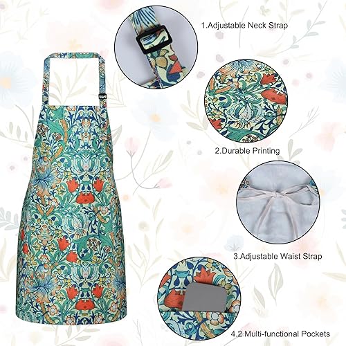Miniatura 3 de Paquete de 3 delantales florales impermeables para mujer, correa ajustable con bolsillo, multiusos para cocina, arte, jardín