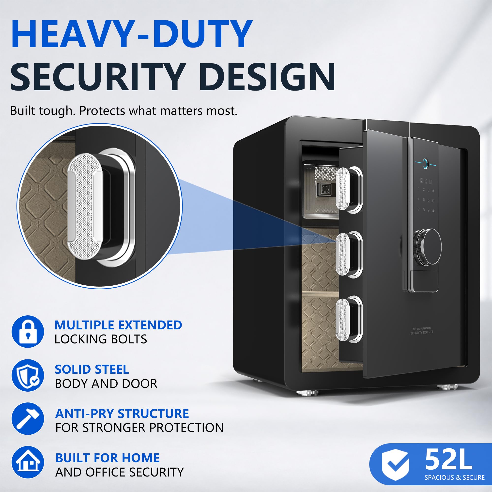 Caja fuerte grande y pesada de 22 kg, gabinete de seguridad de acero de aleación de 52 litros con teclado biométrico, digital y cerradura de llave, montaje en pared, almacenamiento para el hogar
