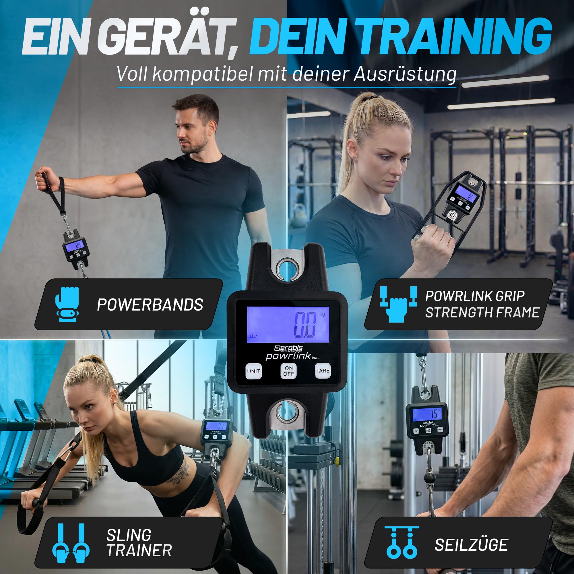 aerobis® Powrlink Light – Fitness Tracker bis 600 kg – Echtzeit-Kraftmessung & Maximalkraft-Testgerät – Tragbar, Präzise & Appgesteuert – für Seiltrainer, Slingtrainer & Powerbands