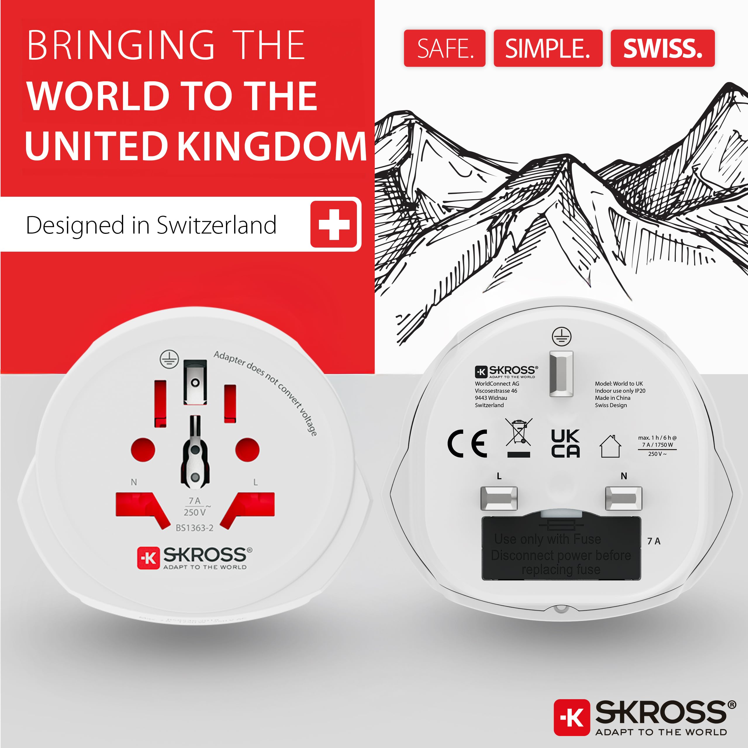 SKROSS World to UK adapter podróżny – uniwersalny adapter gniazdkowy ze świata na UK typ G, 7 A, 100-250 V, do laptopa, suszarki do włosów i elektroniki – kompaktowy i bezpieczny